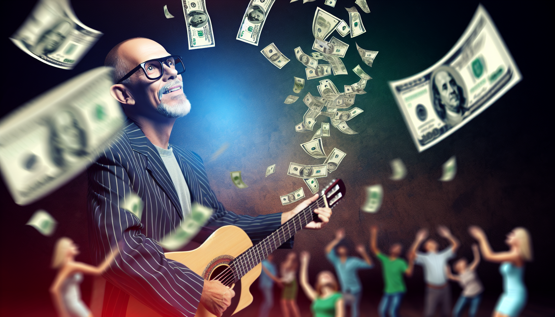 Stellen Sie ein abstraktes Konzept von passivem Einkommen durch die Linse der Unterhaltung dar. Zeigen Sie einen mittelalten kaukasischen Musiker, der eine eingÃ¤ngige Melodie auf seiner Gitarre spielt. Seine Musik reprÃ¤sentiert die Einkommensquelle. Geldscheine in verschiedenen Nennwerten schweben sanft vom Himmel herab, als kÃ¤men sie aus einer unsichtbaren Quelle, was den passiven Einkommensstrom symbolisiert. Der Gesichtsausdruck des Mannes zeigt Zufriedenheit und Gelassenheit, wÃ¤hrend er sich auf seine Kunst konzentriert, ohne sich um finanzielle InstabilitÃ¤t sorgen zu mÃ¼ssen. Im Hintergrund schwingt eine vielfÃ¤ltige Menschenmenge im Takt der Musik, was den Unterhaltungsaspekt symbolisiert.