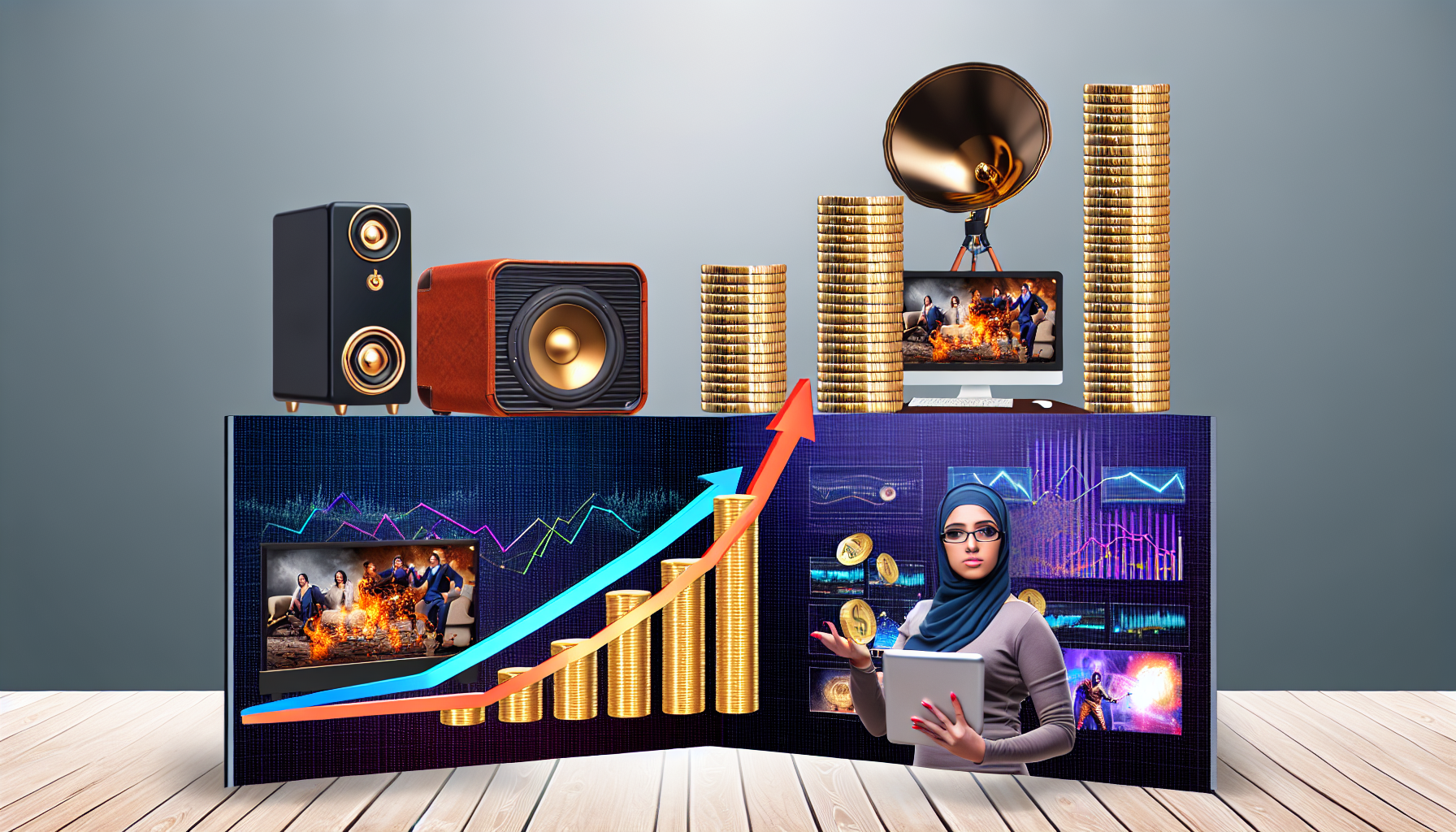 Ein ansprechendes Bild, das das Konzept des passiven Einkommens in der Unterhaltungsindustrie zeigt. Die Komposition umfasst ein luxuriÃ¶ses Heimkinosystem, das auf hochwertiges Film-Streaming hinweist, ein fortschrittliches Musikinstrument, das mit digitaler Musikdistribution verbunden ist, und eine Computeranordnung mit einem beliebten Videospiel, das gestreamt wird. Daneben befindet sich ein Stapel von GoldmÃ¼nzen, der in der GrÃ¶ÃŸe wÃ¤chst und neben jeder der Unterhaltungsquellen steht, was die stetige Ansammlung von Einkommen anzeigt. Eine arabische Frau Ã¼berwacht aktiv das Wachstumsdiagramm auf einem Tablet, was die Ãœberwachung und regelmÃ¤ÃŸigen Kontrollen des passiven Einkommens darstellt.