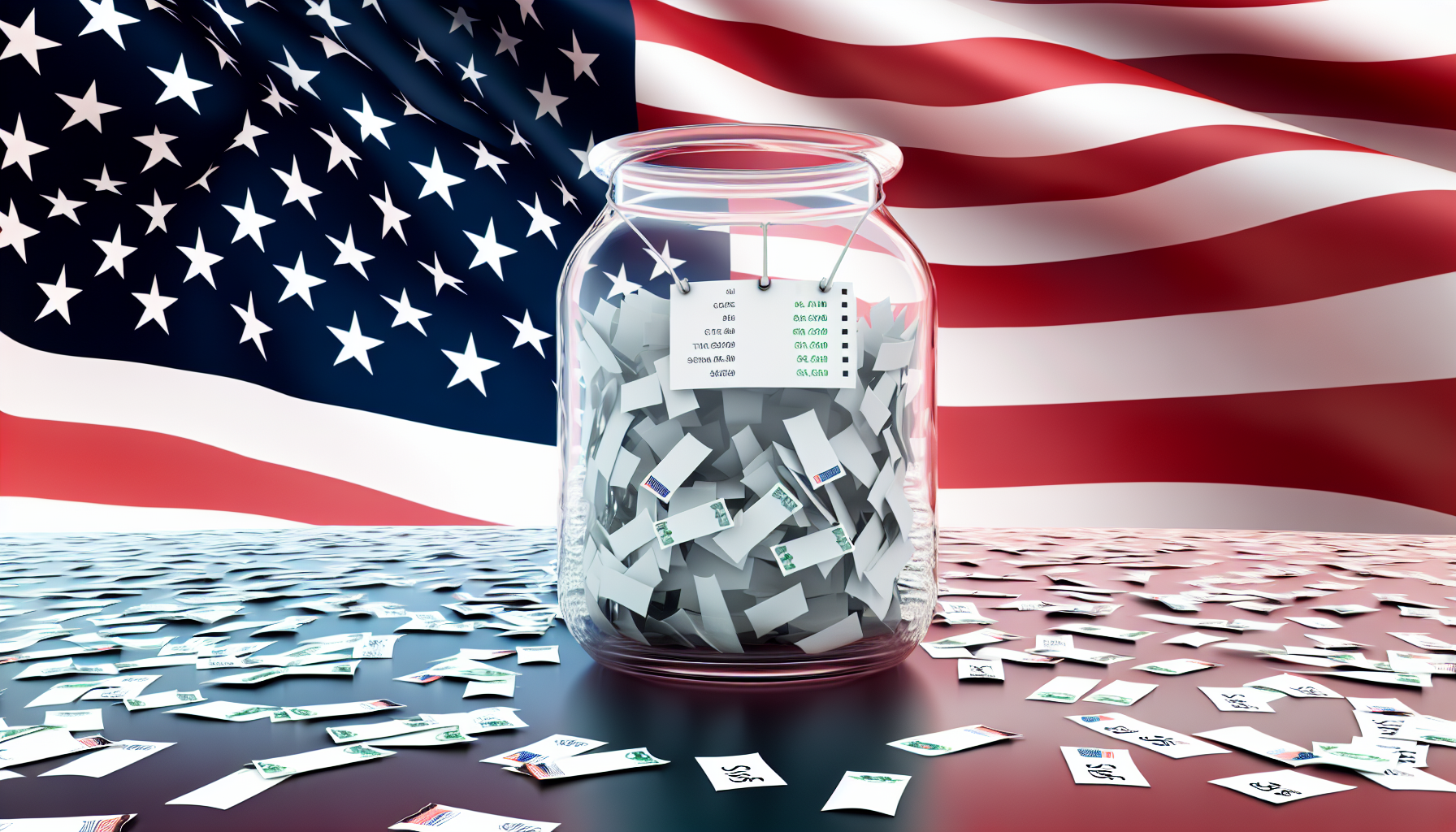 Eine Visualisierung eines US-Aktienfonds, symbolisiert durch ein GlasgefÃ¤ÃŸ, das mit kleinen Zetteln gefÃ¼llt ist, die Aktien darstellen, vor dem Hintergrund der amerikanischen Flagge. Das GefÃ¤ÃŸ besteht aus transparentem Glas, sodass wir alle Aktien darin sehen kÃ¶nnen, und es ist ein kleines Etikett mit der Aufschrift 'US Stock Fund' daran befestigt. Neben dem GefÃ¤ÃŸ sind einige der Aktien verstreut, was die dynamische Natur des Fonds reprÃ¤sentiert. Die Flagge im Hintergrund weht leicht und verleiht dem Bild ein GefÃ¼hl von Bewegung.