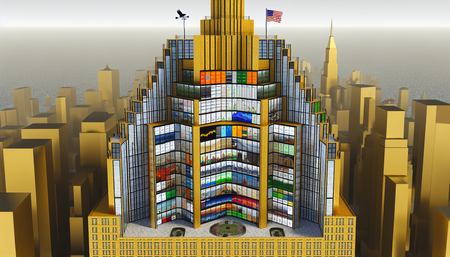 Eine Visualisierung eines US-Aktienfonds als solide Struktur: ein Wolkenkratzer, der hoch aufragt und die Skyline dominiert, inmitten einer pulsierenden Stadt. Das Fundament des Wolkenkratzers besteht aus Goldziegeln, um die Grundlage des Fonds darzustellen. Verschiedene Etagen haben Fenster, die unterschiedliche Branchen zeigen, in die der Fonds investiert, wie Technologie, Immobilien, Energie, Gesundheitswesen usw. Die oberste Etage, als das Beste vom Besten, repräsentiert die prestigeträchtigsten Investitionen, und das Dach trägt eine Wetterfahne, die die Windrichtung anzeigt und somit die Marktentwicklungen symbolisiert.