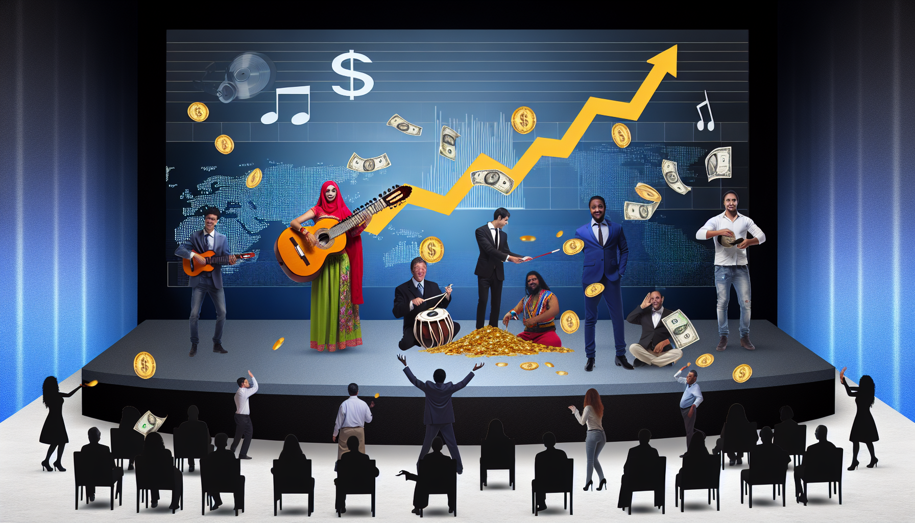 Visuelle Darstellung von passivem Einkommen durch Unterhaltung. Stellen Sie sich eine Bühne mit verschiedenen Aufführungen vor. Auf der einen Seite spielt eine Frau aus dem Nahen Osten ein Musikinstrument, möglicherweise eine Sitar. Auf der anderen Seite sieht man einen hispanischen Mann, der einen Zaubertrick vorführt. In der Mitte jongliert ein schwarzer Mann. Alle unterhalten ein Publikum, das sie mit Goldmünzen überschüttet, was das Einkommen symbolisiert. Im Hintergrund sind Bilder von Musiknoten, Dollarzeichen und ein großer Bildschirm zu sehen, der ein Diagramm zeigt, das einen Anstieg darstellt und somit das passive Einkommen symbolisiert.