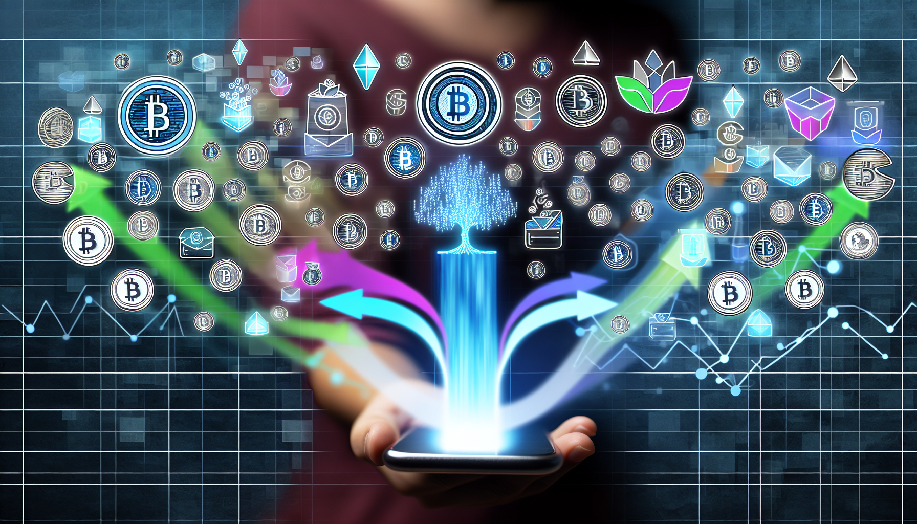 Eine konzeptionelle Darstellung der passiven Einkommensgenerierung mit digitalen Vermögenswerten. Stellen Sie sich eine Vielzahl von virtuellen Symbolen vor, die verschiedene digitale Vermögenswerte wie Kryptowährungen und digitale Kunst repräsentieren. Ein Strom fließt von diesen Symbolen in eine digitale Brieftasche, was das stetige Einkommen symbolisiert. Um diese Szene herum sind visuelle Darstellungen von Wachstum in Form von blühenden Pflanzen und aufsteigenden Pfeilen, die das Potenzial für das Wachstum passiver Einkünfte zeigen.
