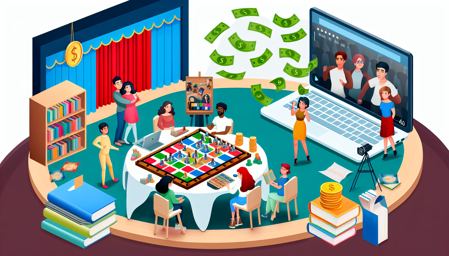 Eine Illustration, die die Idee der passiven Einkommensgenerierung durch Unterhaltung darstellt. Visualisieren Sie einen Tisch mit verschiedenen Brettspielen, einem Theatervorhang im Hintergrund, der die darstellenden Künste symbolisiert, Bücherstapel, die das Verlegen symbolisieren, und einem Laptop, der ein beliebtes Online-Video streamt. Darüber hinaus sollten schwebende Dollarnoten das Einkommen repräsentieren. Um Vielfalt zu demonstrieren, sollte eine diverse Gruppe von Menschen um den Tisch versammelt sein: ein männlicher Mensch aus dem Nahen Osten, der die Brettspiele handhabt, eine asiatische Frau, die ein Buch liest, ein kaukasischer Mann, der ein Video auf dem Laptop streamt, und eine schwarze Frau, die die Theatervorhänge zieht.