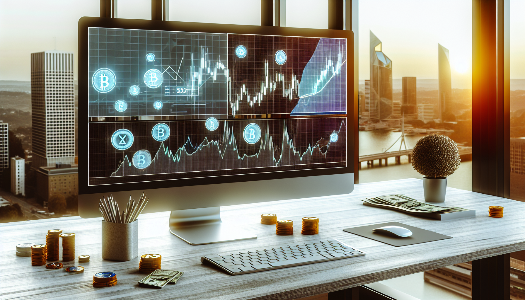 Eine Visualisierung der Generierung von passivem Einkommen mit digitalen Vermögenswerten. Stellen Sie sich einen eleganten, modernen Computer auf einem sauberen Holztisch vor, der verschiedene Grafiken zeigt, die das Wachstum und die Renditen von digitalen Vermögenswerten darstellen. Der Computerbildschirm zeigt mehrere Arten von Kryptowährungen, Aktien und Anleihen, was auf ein diversifiziertes Portfolio hinweist. Auf dem Tisch, in der Nähe des Computers, stehen Stapel von Münzen und Papiergeld, die die finanziellen Gewinne aus diesen Investitionen repräsentieren. Hinter dieser Szene ist eine beruhigende Stadtlandschaft durch ein Hochhausfenster sichtbar, das den Raum mit einem warmen, goldenen Sonnenuntergang erleuchtet. Dies deutet auf die Freiheit und Flexibilität hin, die passives Einkommen bietet.