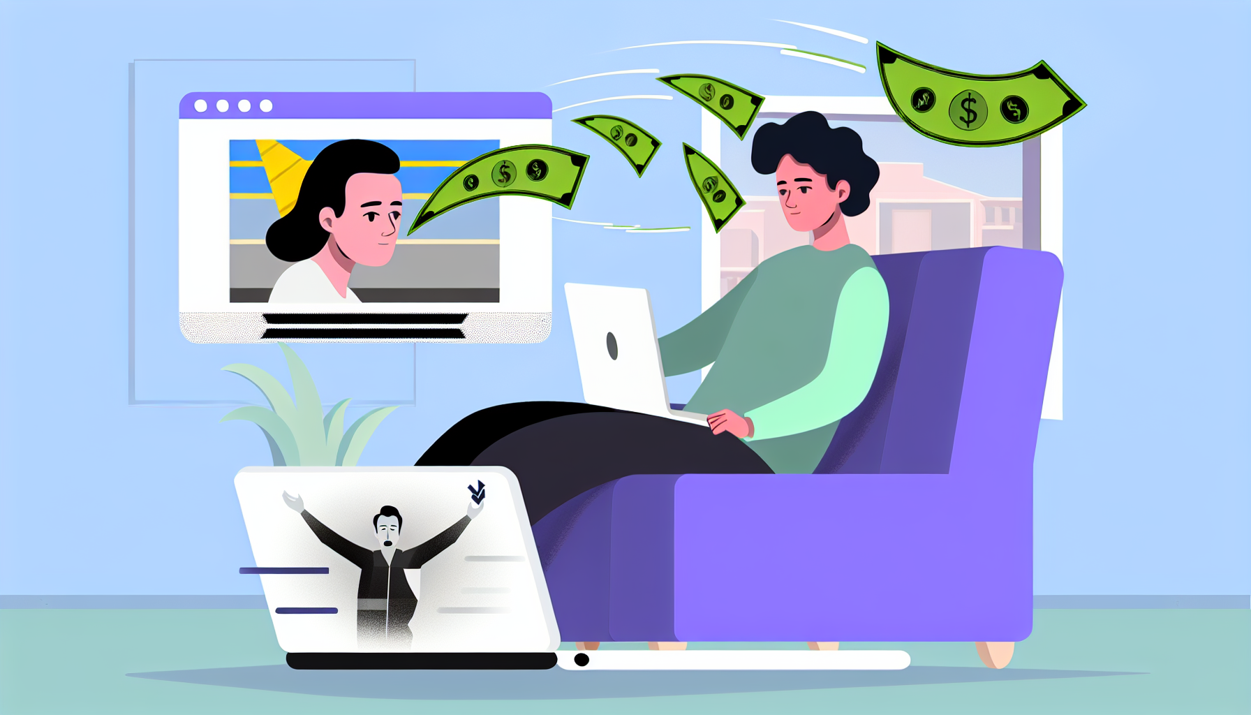 Eine Illustration, die das Konzept des passiven Einkommens durch Unterhaltung darstellt. Visualisieren Sie eine Person, mÃ¶glicherweise mit mittlerer Ã¶stlicher Abstammung und eines Geschlechts, die bequem mit einem Laptop sitzt. Aus dem Bildschirm fliegt eine Geldnote mit FlÃ¼geln, die eine Online-Transaktion zeigt. Auf einem anderen Bildschirm lÃ¤uft ein Film oder eine Musiknote (um Unterhaltung darzustellen), die ebenfalls fliegende Geldscheine generiert. Der Hintergrund kann eine hÃ¤usliche Umgebung sein, um den Komfort des Arbeitens von zu Hause aus zu symbolisieren.