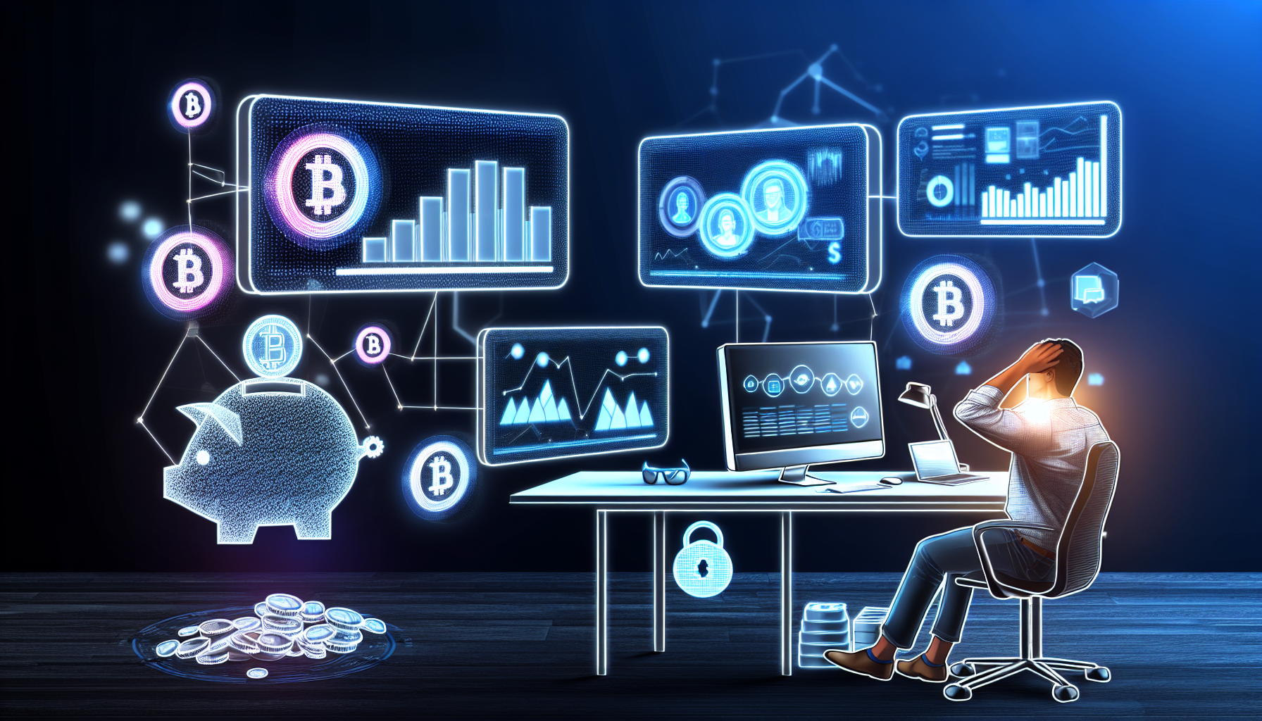 Eine Konzeptillustration, die die Idee der Generierung von passivem Einkommen mit digitalen Vermögenswerten zeigt. Darstellen Sie einen modernen und komfortablen Arbeitsplatz mit einem hochmodernen Computer und mehreren ultrabreiten Monitoren, die Grafiken, Analysen und Symbole digitaler Währungen anzeigen. Integrieren Sie auch relevante Icons, die den Vermögensaufbau symbolisieren, wie Münzen, Bargeld und Sparschweine. Zeigen Sie eine selbstbewusste und entspannte Person südasiatischer Abstammung, die am Schreibtisch sitzt, die Monitore studiert und bis spät in die Nacht arbeitet, mit einem Gefühl von allgemeiner Zufriedenheit und zukunftsorientierter Finanzplanung.