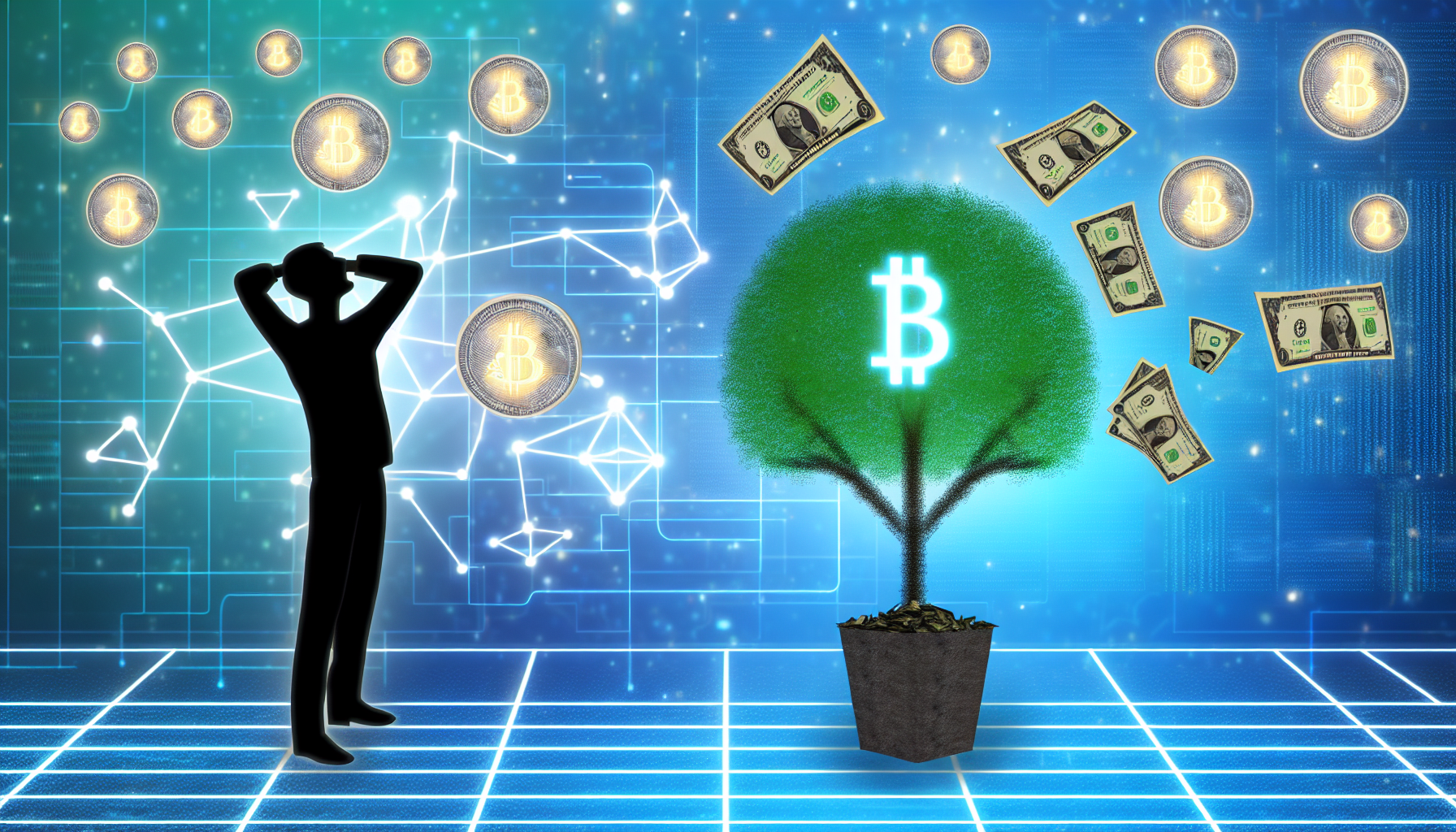 Ein Bild, das das Konzept des passiven Einkommens durch digitale Vermögenswerte veranschaulicht. In der Komposition sollten Symbole für Kryptowährungen zu sehen sein, wie digitale Münzen und ein Blockchain-Netzwerk. Im Hintergrund wächst ein Baum, der durch diese digitalen Vermögenswerte angeregt wird, und symbolisiert Wachstum und Wohlstand. Geldscheine fallen von seinen Ästen, als Symbol für das passive Einkommen. Im Vordergrund ist die Silhouette einer zufriedenen Person zu sehen, die jeden Geschlechts oder Abstammung repräsentiert und finanzielle Unabhängigkeit erlebt, während sie den prosperierenden Baum betrachtet.
