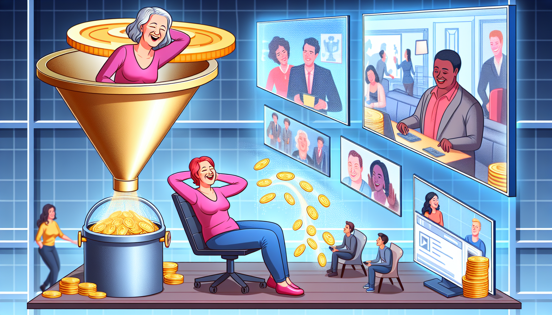 Eine detaillierte Illustration, die das Konzept des passiven Einkommens durch Unterhaltung darstellt. Zeigen Sie eine mittelalte kaukasische Frau in einem komfortablen Homeoffice, die mit mehreren Bildschirmen interagiert, die verschiedene Aspekte digitaler Unterhaltung anzeigen – wie Musik, Filme und Videospiele. Sie lehnt sich freudig zurück, mit den Händen hinter dem Kopf, was Entspannung signalisiert. In der Nähe strömt ein transparenter Trichter goldene Münzen von den Bildschirmen in einen offenen Tresor, der ein Bankkonto symbolisiert. Außerdem sollten Darstellungen eines vielfältigen Publikums enthalten sein – ein südasianischer Mann, der auf einem Tablet zuschaut, eine schwarze Frau, die auf ihrem Handy genießt, und ein mittelöstlicher Teenager, der eine Spielkonsole benutzt.