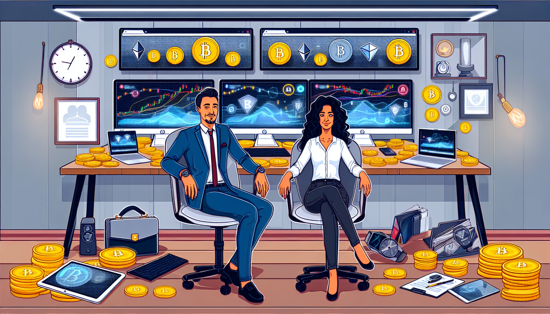 Eine detaillierte Illustration eines kaukasischen Mannes und einer mittel&Atilde;&para;stlichen Frau, die vor mehreren Computerbildschirmen sitzen, die digitale Verm&Atilde;&para;genswerte wie Kryptow&Atilde;&curren;hrungen und NFTs anzeigen, was passives Einkommen symbolisiert. Beide wirken zufrieden und selbstbewusst, was das Konzept der finanziellen Unabh&Atilde;&curren;ngigkeit verst&Atilde;&curren;rkt. Sie sind beide gut gekleidet im Business-Casual-Stil, und der Raum ist modern dekoriert. &Atilde;œberall im Raum sind Symbole des Erfolgs verstreut; eine Luxusuhr, ein hochklassiger Laptop und ein Regal mit verschiedenen Auszeichnungen. Jedes Detail in der Szene verk&Atilde;&para;rpert einen wohlhabenden Lebensstil, der durch digitale Verm&Atilde;&para;genswerte erreicht wurde.