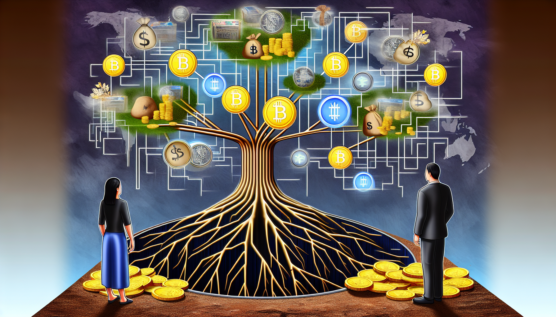 Eine detaillierte konzeptionelle Illustration, die den Prozess des Verdienens von passivem Einkommen mit digitalen VermÃ¶genswerten zeigt. Die Illustration zeigt einen zentralen digitalen Baum, dessen Ã„ste aus mehreren EinkommensstrÃ¶men bestehen, wie NFTs, KryptowÃ¤hrungen und digitalem Immobilienbesitz, was das Wachstum und die Expansion von Wohlstand suggeriert. Der Boden darunter ist mit GoldmÃ¼nzen Ã¼bersÃ¤t, die das generierte Einkommen signalisieren. An den Seiten sind eine ostasiatische Frau und ein kaukasischer Mann dargestellt, die den Baum nachdenklich betrachten und Investoren oder Besitzer digitaler VermÃ¶genswerte reprÃ¤sentieren.