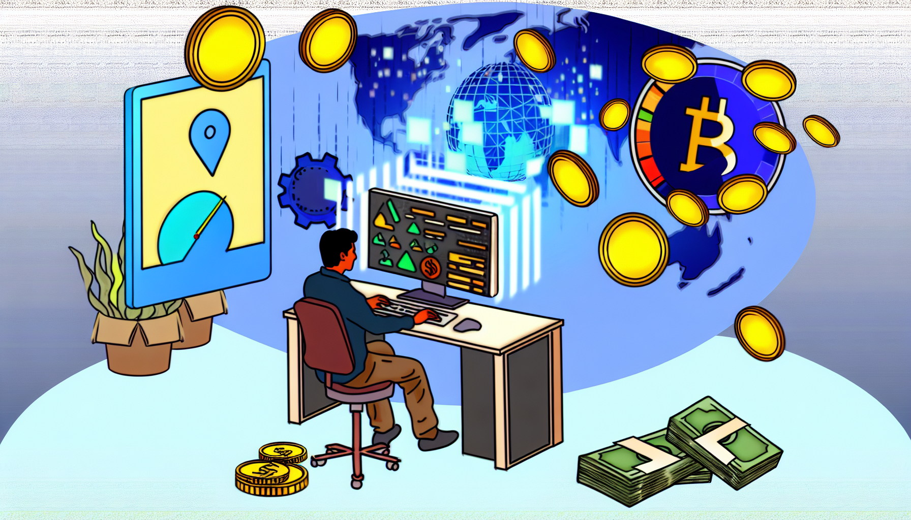 Eine illustrative Darstellung des Konzepts, passives Einkommen durch digitale VermÃ¶genswerte zu verdienen. Das Bild sollte eine Person sÃ¼dasiatischer Abstammung zeigen, die vor einem Computer sitzt und Online-Transaktionen mit KryptowÃ¤hrungen auf einer Handelsplattform durchfÃ¼hrt. Sie wirkt unbeaufsichtigt und entspannt, was die passive Natur dieser Einkommensquelle symbolisiert. Streuen Sie einige MÃ¼nzen und Geldscheine umher, um das erzielte Einkommen zu symbolisieren. FÃ¼gen Sie eine digitale Uhr hinzu, die die Zeit Ã¤ndert, um das fortlaufende, zeitunabhÃ¤ngige Verdienen anzuzeigen. Integrieren Sie subtile Elemente, die auf die globale Natur digitaler WÃ¤hrungen hinweisen, wie Fragmente einer Weltkarte an der Wand.
