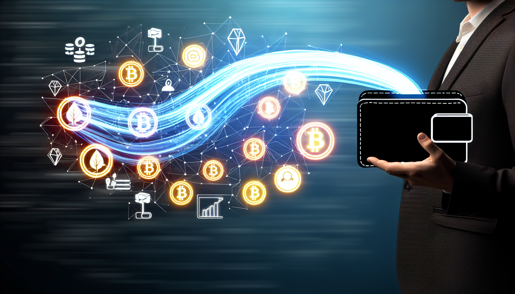 Eine visuelle Darstellung von passivem Einkommen, das aus digitalen Verm&Atilde;&para;genswerten generiert wird. Das Bild k&Atilde;&para;nnte eine Vielzahl von digitalen Symbolen zeigen, wie Kryptow&Atilde;&curren;hrungs-M&Atilde;&frac14;nzen, digitale Kunst und einen Online-Marktplatz auf einer Seite. Diese Verm&Atilde;&para;genswerte werden dann dargestellt, wie sie in eine Bank oder Brieftasche flie&Atilde;Ÿen, was den passiven Einkommensstrom symbolisiert, den sie erzeugen. Das Gesamtdesign sollte ein Gef&Atilde;&frac14;hl von moderner Technologie und finanziellem Wachstum vermitteln.