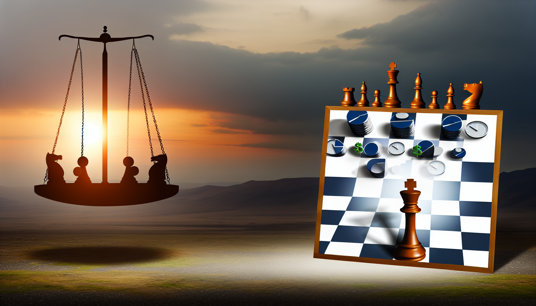 Ein Bild, das Strategie als MÃ¶glichkeit zur Generierung von passivem Einkommen darstellt. Stellen Sie sich eine perfekt ausgewogene Waage vor, die finanzielle StabilitÃ¤t symbolisiert, vor einem riesigen Schachbrett, das sich Ã¼ber eine weite Landschaft erstreckt. Schachfiguren, die verschiedene Anlageoptionen wie Aktien, Immobilien und Anleihen reprÃ¤sentieren, sind strategisch auf dem Brett platziert. Das Konzept der Zeit wird durch eine schattierte Sonne dargestellt, die im Hintergrund untergeht und die langfristige Natur dieser Investitionen impliziert.