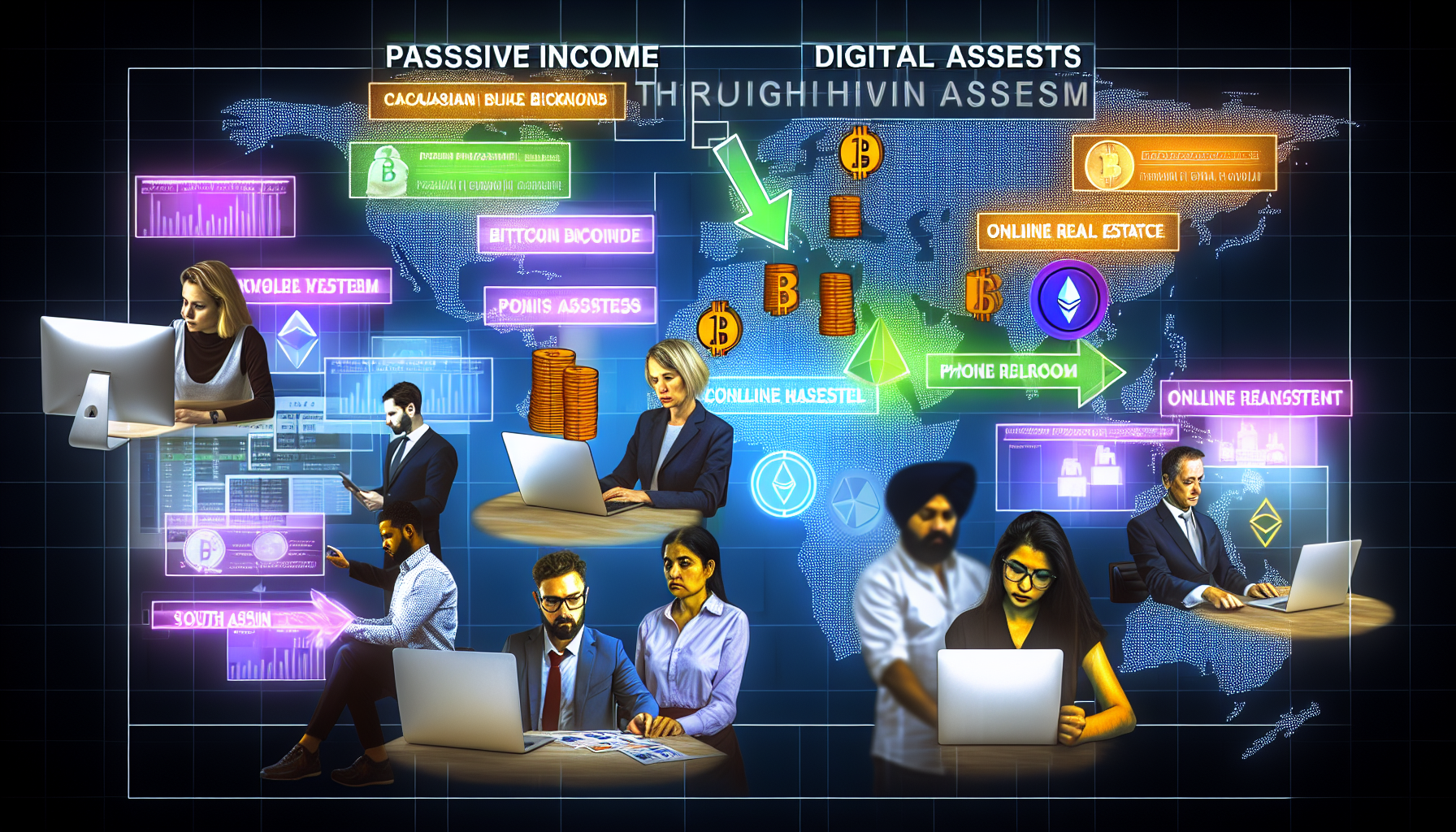 Eine Visualisierung, die passives Einkommen durch digitale Vermögenswerte darstellt. Zeigen Sie eine Vielzahl von Menschen aus unterschiedlichen Hintergründen weltweit, die an diesem Prozess beteiligt sind. Vielleicht eine kaukasische Frau, die Bitcoins an ihrem Computer handelt, ein Mann aus dem Nahen Osten, der Trends im Online-Immobilienmarkt untersucht, oder eine südasiatische Frau, die auf ihrem Tablet über NFTs recherchiert. Betonen Sie den digitalen Aspekt, indem verschiedene digitale Vermögenswerte wie Bitcoin, Ethereum, Online-Immobilien und NFTs prominent auf ihren Bildschirmen angezeigt werden. Verbinden Sie diese Szenarien mit visuellen Indikatoren wie Pfeilen und Umwandlungssymbolen, um den Fluss des passiven Einkommens darzustellen.