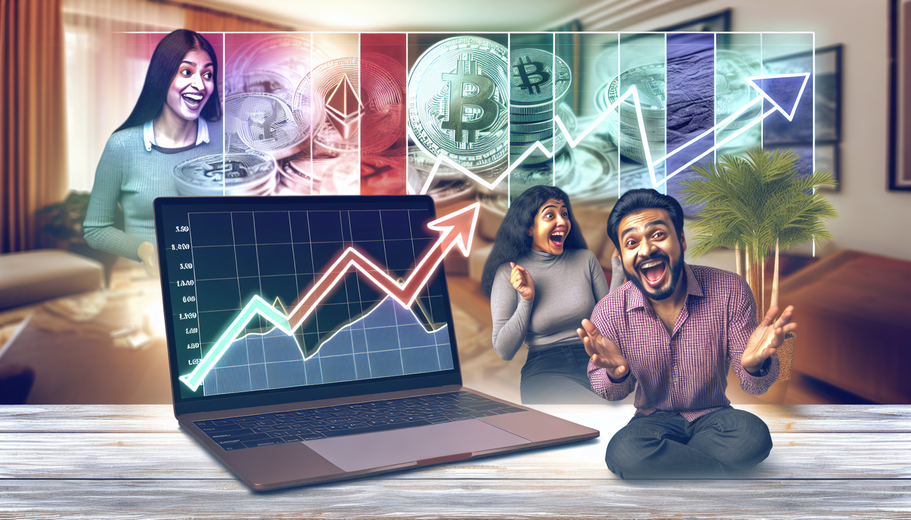 Ein Bild, das das Konzept des passiven Einkommens durch digitale Vermögenswerte darstellt. Visualisieren Sie einen Laptop, der Grafiken von digitalen Währungen wie Bitcoin und Ethereum zeigt, neben einer Reihe von Einkommenslinien, die auf einem Diagramm nach oben tendieren. Neben dem Laptop visualisieren Sie eine Frau südasiatischer Abstammung und einen Mann mit mittlerer östlicher Abstammung, die begeistert über ihre Anlagestrategien diskutieren. Im Hintergrund schaffen Sie eine Umgebung, die auf ein komfortables Home-Office hinweist und Elemente hervorhebt, die Erfolg und Wachstum symbolisieren.