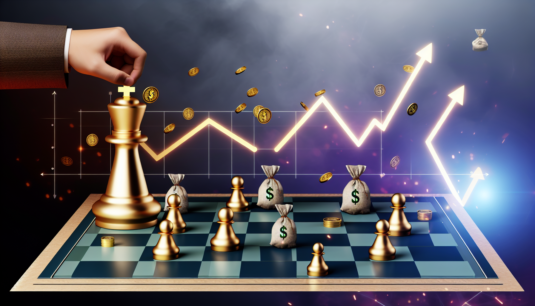 Eine Illustration, die das Konzept des passiven Einkommens durch Strategie darstellt. Ein riesiges Schachbrett mit Schachfiguren, die wie goldene Münzen aussehen. Die Bauern sind durch kleine Geldsäcke ersetzt. Eine unsichtbare Hand macht einen Zug mit der Dame. Im Hintergrund schwebt ein Diagramm, das exponentielles finanzielles Wachstum zeigt, mit nach oben zeigenden Pfeilen.