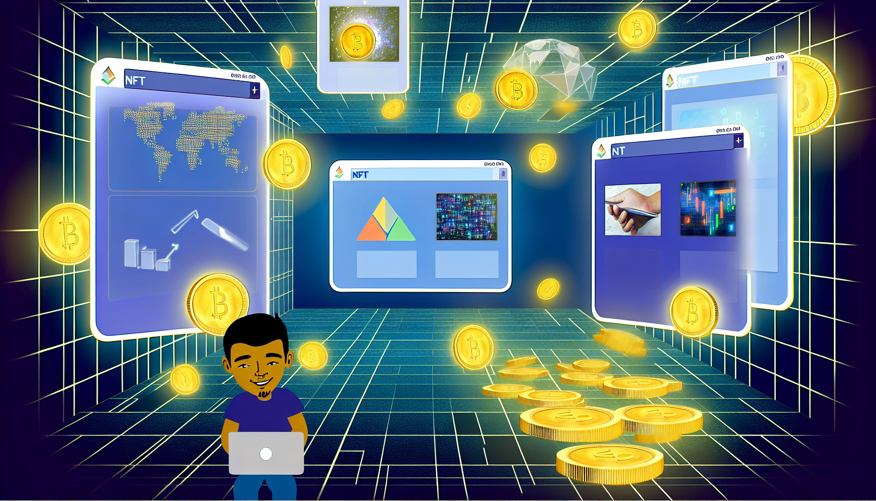 Illustration mehrerer digitaler Bildschirme, die in einer futuristischen Umgebung schweben. Jeder Bildschirm zeigt verschiedene Arten von digitalen VermÃ¶genswerten wie KryptowÃ¤hrungs-MÃ¼nzen, NFT-Kunstwerke, digitale Stockbilder oder E-Books. Darunter steht eine Person hispanischer Abstammung, die einen Laptop hÃ¤lt, umgeben von fallenden GoldmÃ¼nzen aus den Bildschirmen, was passives Einkommen aus digitalen VermÃ¶genswerten symbolisiert.