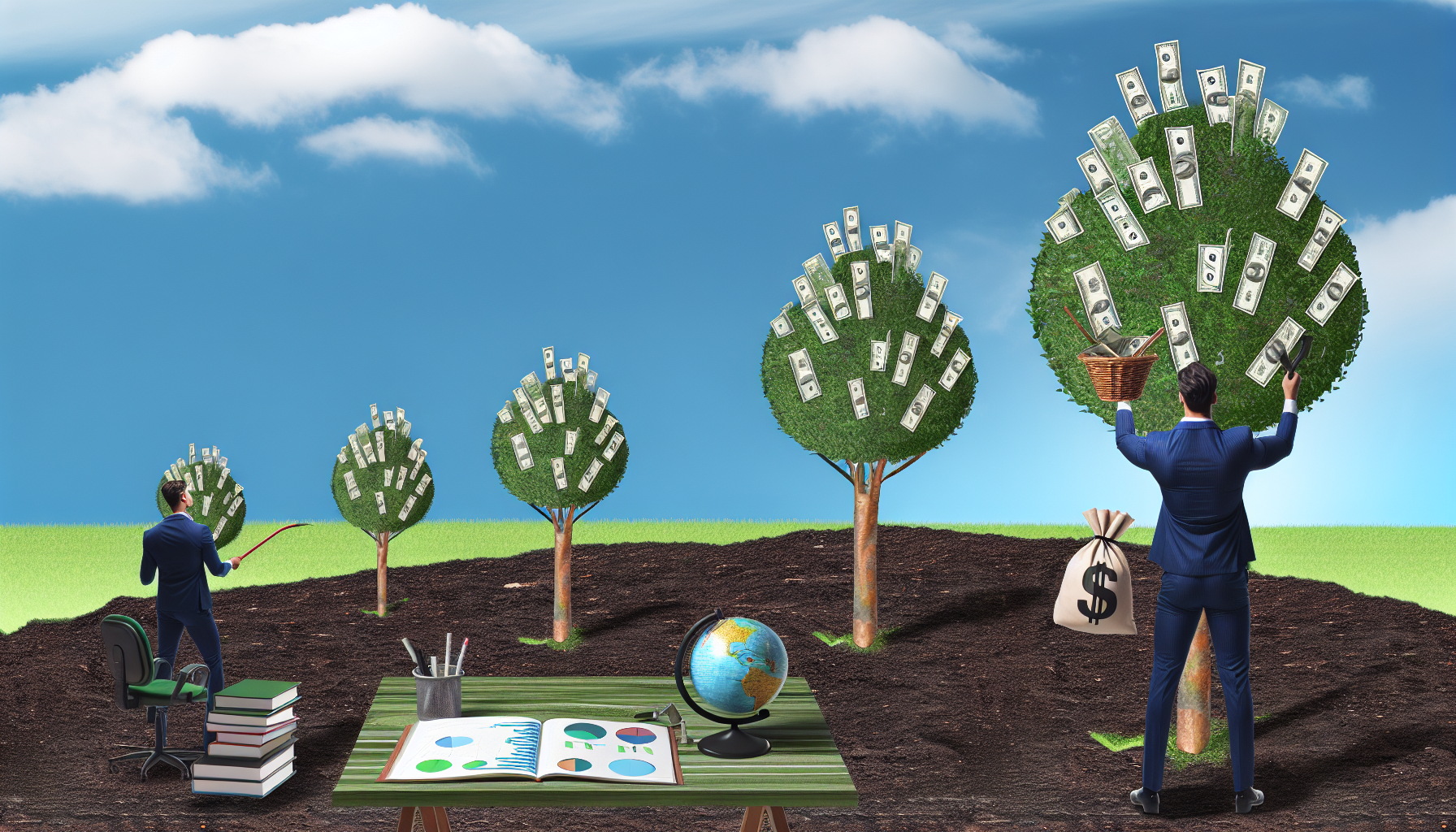 Konzeptionelle Illustration eines kaukasischen Mannes, der strategisch geldbringende BÃ¤ume auf einem Ã¼ppig grÃ¼nen HÃ¼gel unter einem klaren, blauen Himmel pflanzt. Die BÃ¤ume tragen reife Dollarnoten anstelle von FrÃ¼chten, die er in einen Korb erntet, was die Generierung von passivem Einkommen symbolisiert. AuÃŸerdem ist ein detaillierter Schreibtisch mit FinanzbÃ¼chern, Diagrammpapieren und einem Globus in der NÃ¤he zu sehen, was die Bedeutung von Strategie im passiven Einkommen unterstreicht.