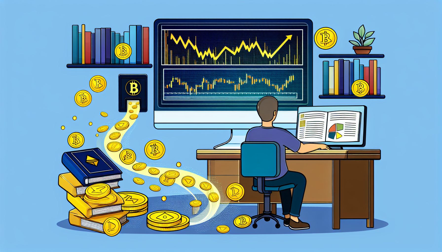 Eine detaillierte Illustration der passiven Einkommensgenerierung mit digitalen VermÃ¶genswerten. Das Bild sollte einen Computerbildschirm zeigen, der verschiedene KryptowÃ¤hrungen und deren zugehÃ¶rige Grafiken mit Wachstums-Trends anzeigt. Auf dem Schreibtisch rund um den Computer sollten BÃ¼cher Ã¼ber Blockchain und digitale VermÃ¶genswerte liegen. Eine Person europÃ¤ischer Abstammung sitzt mit konzentrierter Aufmerksamkeit und verwaltet diese VermÃ¶genswerte. In der NÃ¤he flieÃŸt aus dem Computerbildschirm ein Strom von GoldmÃ¼nzen, der das passive Einkommen symbolisiert, das aus diesen digitalen VermÃ¶genswerten erzielt wird.