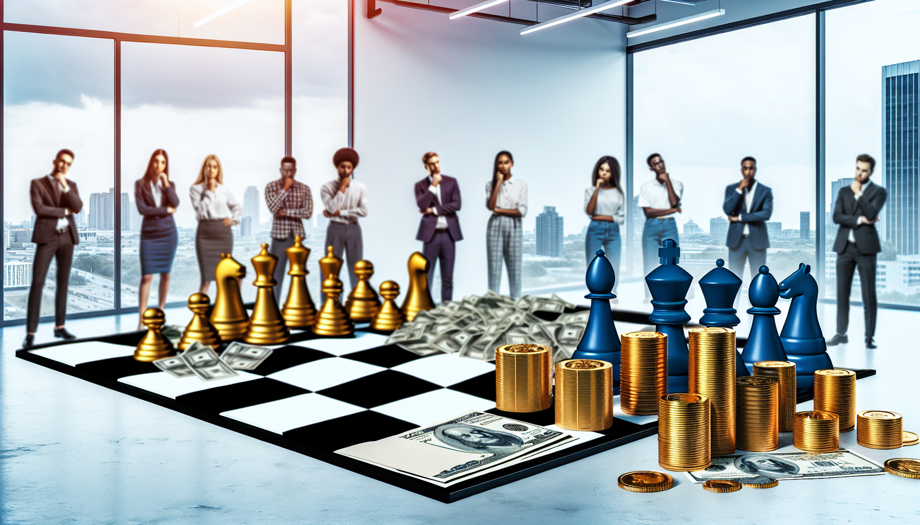 Eine Illustration, die das Konzept des passiven Einkommens durch Strategie darstellt. Im Mittelpunkt steht ein groÃŸes Schachbrett, auf dem die Figuren aus GoldmÃ¼nzen und Geldscheinen strategisch positioniert sind. Im Hintergrund sind eine vielfÃ¤ltige Gruppe von Menschen unterschiedlicher Herkunft zu sehen, darunter Kaukasier, Hispanics, Schwarze, Menschen aus dem Nahen Osten und SÃ¼dasien, die das Schachbrett beobachten und darÃ¼ber nachdenken. Die Tageszeit ist frÃ¼her Morgen, und der Ort ist ein gerÃ¤umiges, offenes BÃ¼ro mit groÃŸen Fenstern, durch die das natÃ¼rliche Licht hereinstrÃ¶mt.