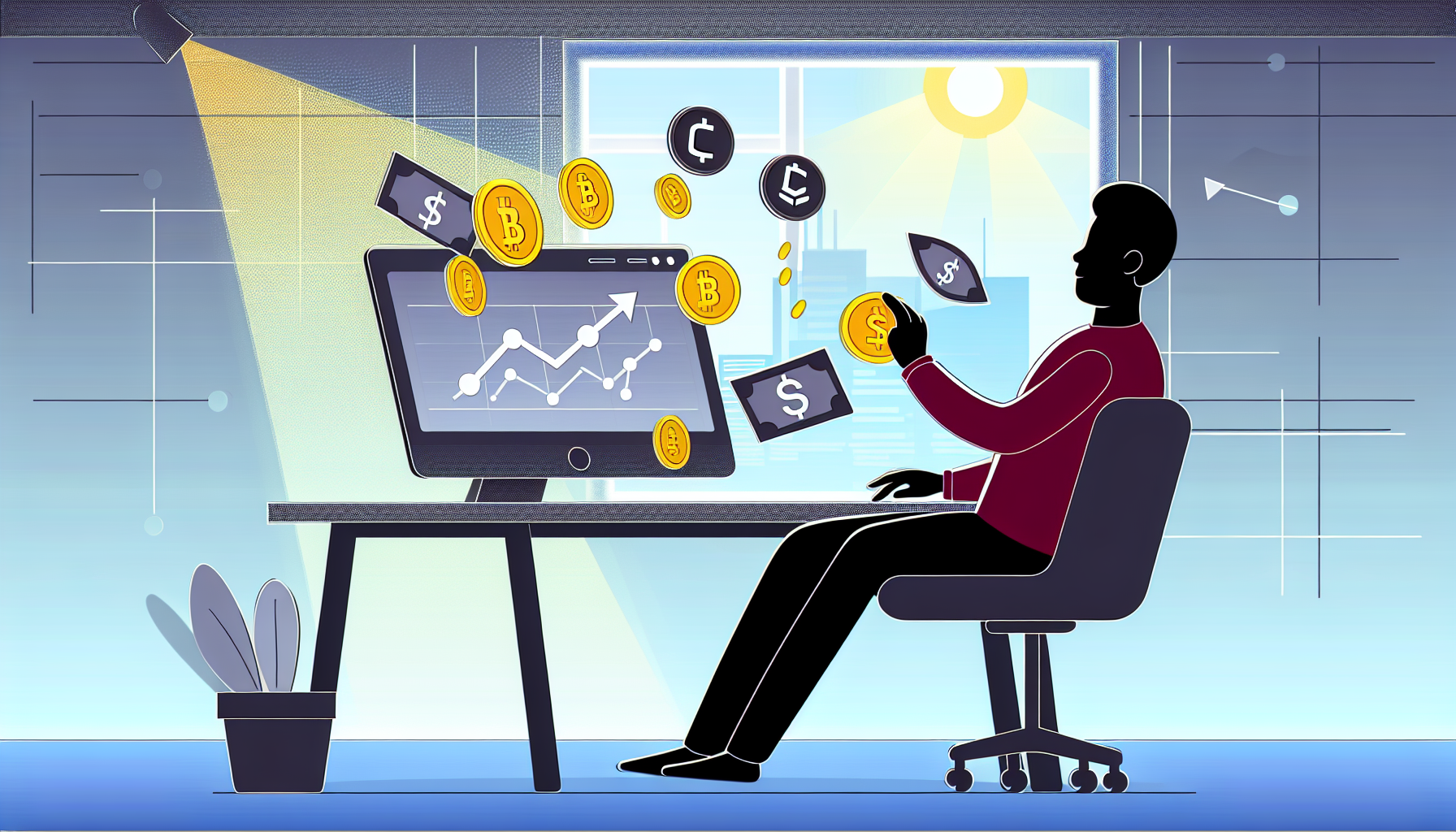 Eine Illustration, die das Konzept des passiven Einkommens mit digitalen VermÃ¶genswerten veranschaulicht. Die Szene zeigt einen Mann afroamerikanischer Abstammung in seinem Homeoffice, der bequem sitzt und auf seinen Computerbildschirm schaut. Auf dem Bildschirm sind mehrere Symbole zu sehen, die verschiedene digitale VermÃ¶genswerte wie KryptowÃ¤hrungen, nicht-fungible Token (NFTs) und digitale Aktien reprÃ¤sentieren. MÃ¼nzen und Geldscheine flieÃŸen auf seinem Bildschirm, was symbolisch das Einkommen darstellt, das aus diesen digitalen VermÃ¶genswerten generiert wird. Sonnenlicht strÃ¶mt durch ein Fenster im Hintergrund und deutet auf eine helle und vielversprechende Zukunft hin.