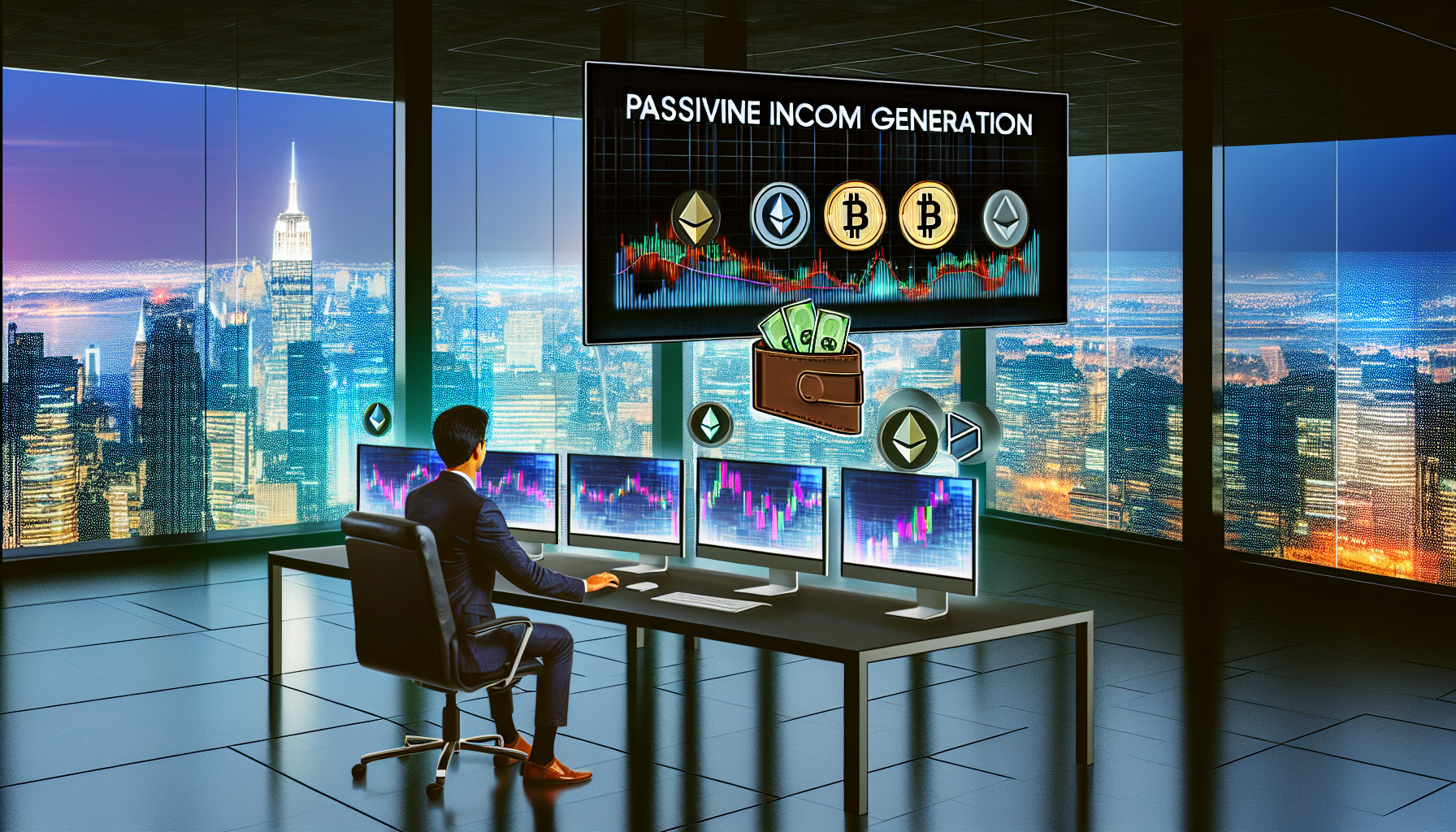 Eine Interpretation der Generierung von passivem Einkommen durch digitale VermÃ¶genswerte. Die Szene zeigt eine Person sÃ¼dasiatischer Abstammung, die in einer modernen, eleganten BÃ¼roumgebung sitzt, mit groÃŸen Glasfenstern, die einen Blick auf die Stadtlandschaft bieten. Die Person interagiert mit mehreren Computerbildschirmen, die KryptowÃ¤hrungsdiagramme und Indizes anzeigen. Es gibt symbolische Darstellungen von digitalen VermÃ¶genswerten wie Bitcoin, Ethereum und anderen KryptowÃ¤hrungen. AuÃŸerdem ist eine digitale Brieftasche zu sehen, die das Konzept weiter betont. Das Thema strahlt finanzielle Sicherheit, technologische Fortschritte und moderne Anlagestrategien aus.
