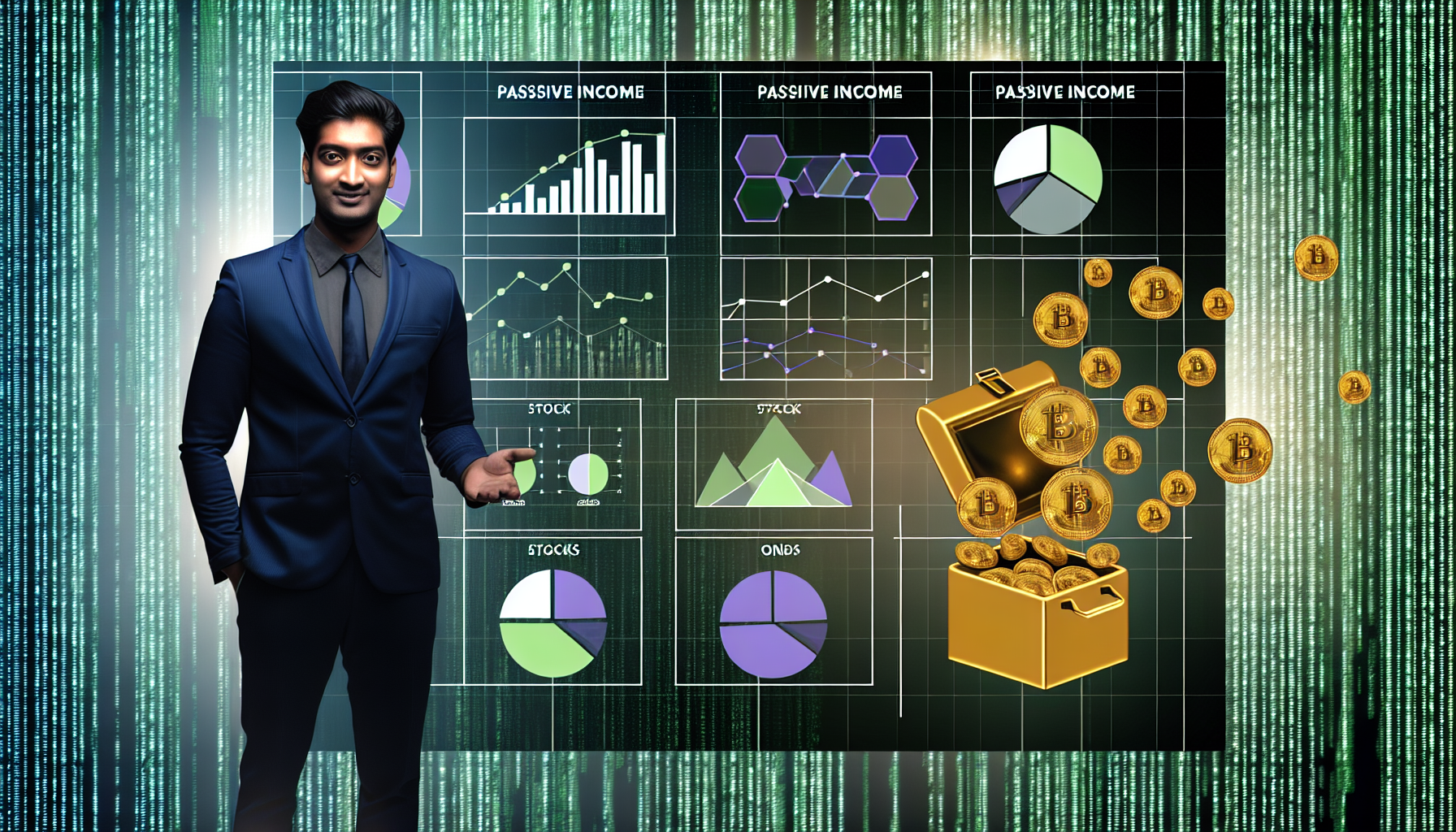 Eine Momentaufnahme, die passives Einkommen mit digitalen Vermögenswerten visualisiert. In der Mitte befindet sich ein illustratives Layout eines digitalen Finanzdashboards, komplett mit Liniendiagrammen und Kreisdiagrammen. Diese sind visuelle Darstellungen eines vielfältigen Portfolios mit verschiedenen Kryptowährungen, Aktien und Anleihen. Um passives Einkommen darzustellen, fließen Goldmünzen in einen Schließfach, alles vor einem Hintergrund aus matrixartigen digitalen Zahlen, die die digitale Wirtschaft symbolisieren. Ein südasianischer Mann in formeller Kleidung steht selbstbewusst da und schaut auf das Dashboard, was finanzielle Intelligenz und Erfolg verkörpert.