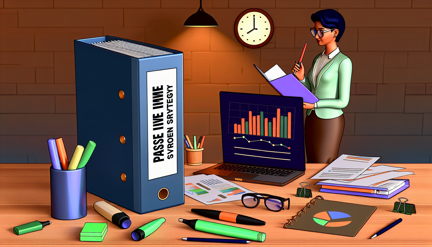 Eine Illustration eines Ordners mit der Aufschrift 'Passive Einkommensstrategie', der auf einem Holztisch liegt, umgeben von verschiedenen BÃ¼romaterialien wie Textmarkern, Stiften, einer Brille und einem Laptop, der Balkendiagramme zeigt, die den Gewinn symbolisieren. Eine Figur einer kaukasischen Frau studiert den Ordner aufmerksam, einen Mont Blanc-Stift in der Hand. Ihre professionelle Kleidung deutet darauf hin, dass sie eine Unternehmerin ist. Der Raum ist warm beleuchtet, was auf den spÃ¤ten Abend hinweist, und an der Wand hÃ¤ngt eine Wanduhr, die 23 Uhr zeigt und die Hingabe der Dame symbolisiert.