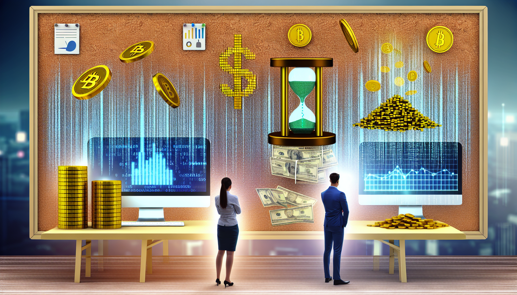 Eine detaillierte digitale Illustration, die das Konzept des passiven Einkommens durch digitale Vermögenswerte darstellt. In dem Bild sind eine Reihe von Computern zu sehen, auf deren Bildschirmen Blockchain-Code läuft, was Kryptowährungen symbolisiert. Daneben befindet sich ein Haufen Goldmünzen, der sich in digitale Pixel verwandelt, während er aufsteigt, was die Umwandlung von physischem Geld in digitale Werte darstellt. Auf einem Hintergrund-Corkboard sind verschiedene Diagramme zu sehen, die das Einkommenswachstum zeigen, sowie eine Sanduhr, die den Zeitverlauf anzeigt. Eine kaukasische Frau und ein mittelöstlicher Mann, beide in Businesskleidung, stehen und beobachten das Geschehen.
