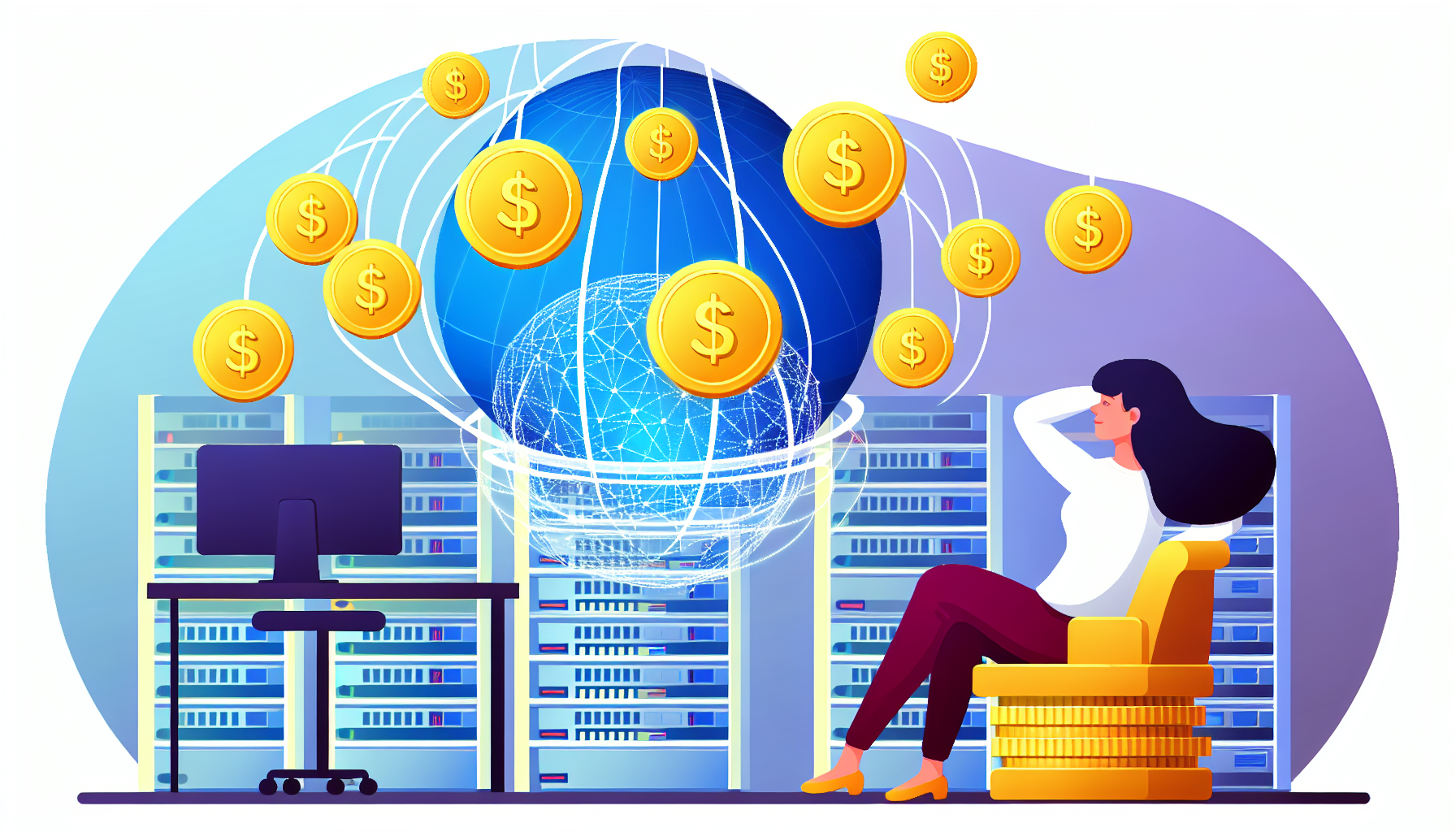 Illustration, die passives Einkommen symbolisiert, das durch digitale VermÃ¶genswerte generiert wird. Die Szene zeigt eine entspannte Person, die in einem bequemen Stuhl sitzt und mehrere goldene digitale MÃ¼nzen mit WÃ¤hrungssymbolen beobachtet, die aus einem cloudbasierten Netzwerk fallen, das durch einen komplexen holografischen Globus dargestellt wird. Im Hintergrund sind Server- und Computerpakete zu sehen, die die digitale Welt symbolisieren. Die Person ist eine kaukasische Frau, die Vielfalt reprÃ¤sentiert.