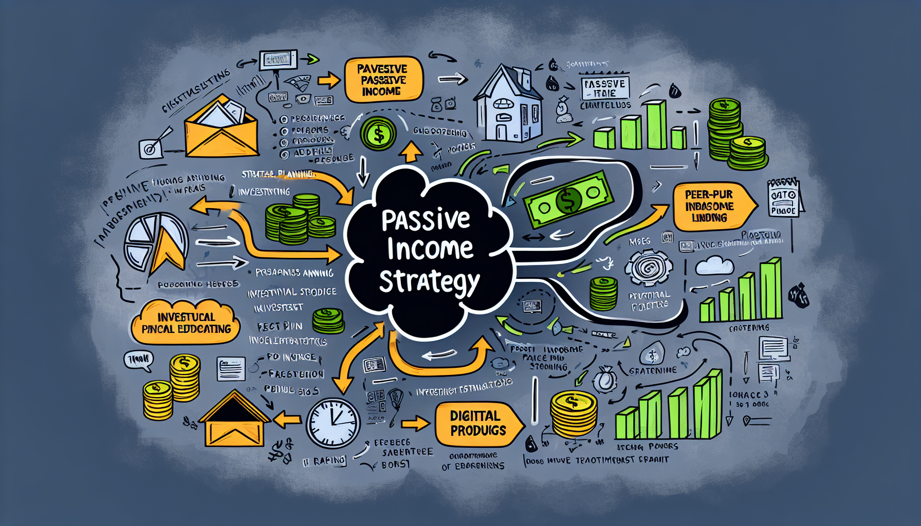 Ein illustriertes Konzept fÃ¼r passives Einkommen, das durch strategische Planung generiert wird. Das Bild sollte eine Mindmap darstellen, die verschiedene Methoden zur Erzielung von passivem Einkommen umfasst, wie Investitionen in den Aktienmarkt, Immobilien, digitale Produkte, Peer-to-Peer-Kredite und mehr. Die zentrale Idee oder das Thema â€žStrategie fÃ¼r passives Einkommenâ€œ wird durch Pfeile hervorgehoben, die den Fluss von der Strategie zu den verschiedenen Quellen passiven Einkommens zeigen. Um die Mindmap herum befindet sich eine Reihe von motivierenden Zitaten, die finanzielle Bildung und strategisches Denken fÃ¶rdern.