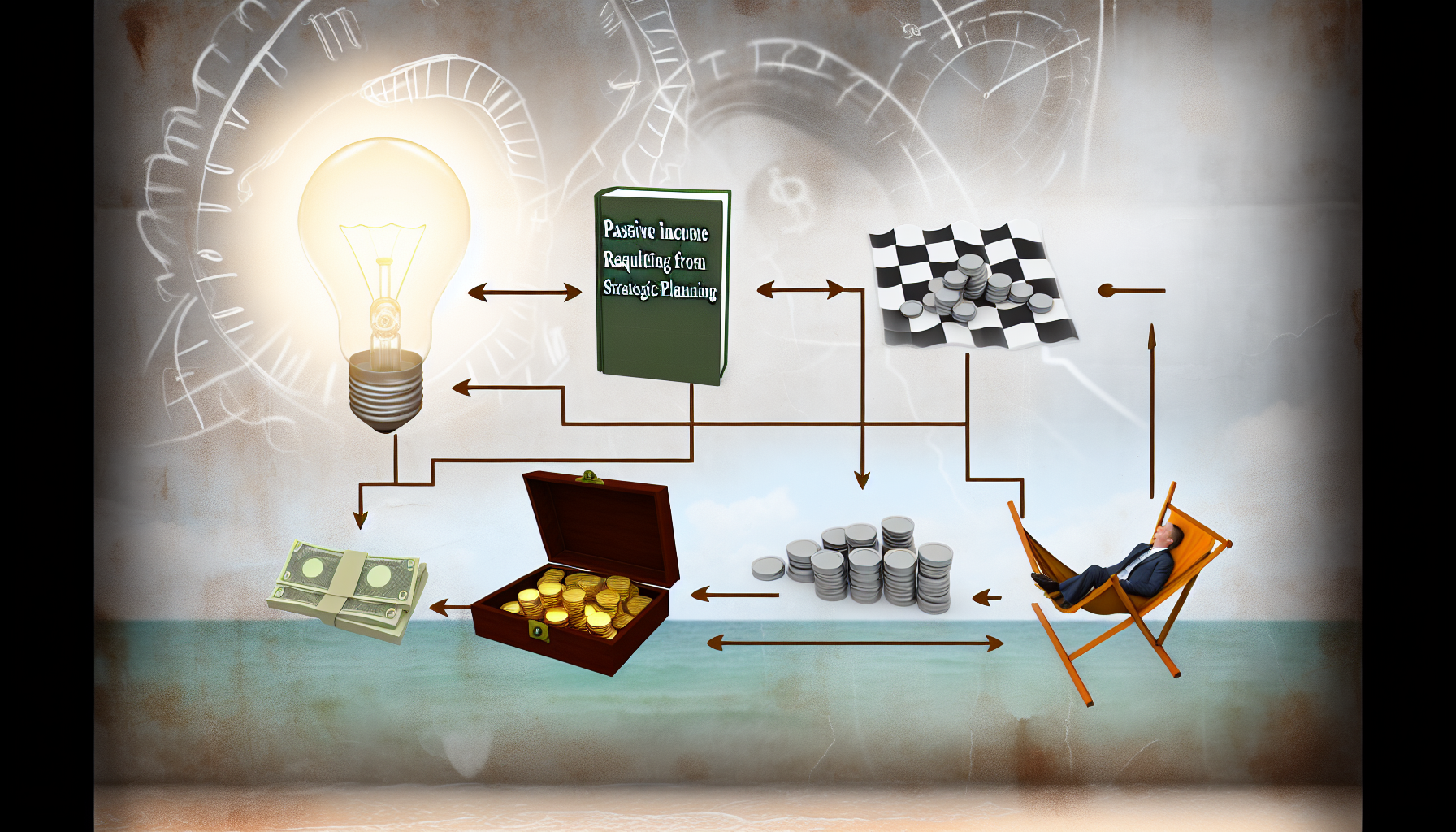 Eine Illustration, die das Konzept des passiven Einkommens durch strategische Planung visualisiert. Beginnen Sie mit einer GlÃ¼hbirne, die eine innovative Idee symbolisiert, verbunden mit einem Buch, das den Wissenserwerb darstellt. Dies sollte dann zu einem Schachbrett fÃ¼hren, das strategische Planung symbolisiert. Das Schachbrett sollte mit einem Tresor voller GoldmÃ¼nzen verbunden sein, was den VermÃ¶gensaufbau symbolisiert. Die letzte Verbindung sollte zu einer HÃ¤ngematte am Strand fÃ¼hren, die das GenieÃŸen des passiven Einkommens symbolisiert. Der Hintergrund kann ein schwaches Bild einer Uhr enthalten, das die Zeit als ein entscheidendes Element in diesem Prozess signifiziert.