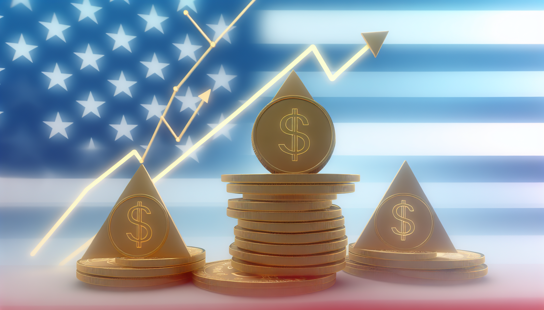 Eine Visualisierung eines US-Aktienfonds. Stellen Sie sich eine ausgewogene Pyramide aus goldenen Münzen vor, die mit Dollarzeichen und Symbolen verschiedener bekannter amerikanischer Unternehmen versehen sind. Über der Pyramide schwebt ein Wachstumsdiagramm, das eine positive Entwicklung anzeigt. Der Hintergrund zeigt die leicht verblasste amerikanische Flagge, die die nationale Relevanz des Inhalts symbolisiert.
