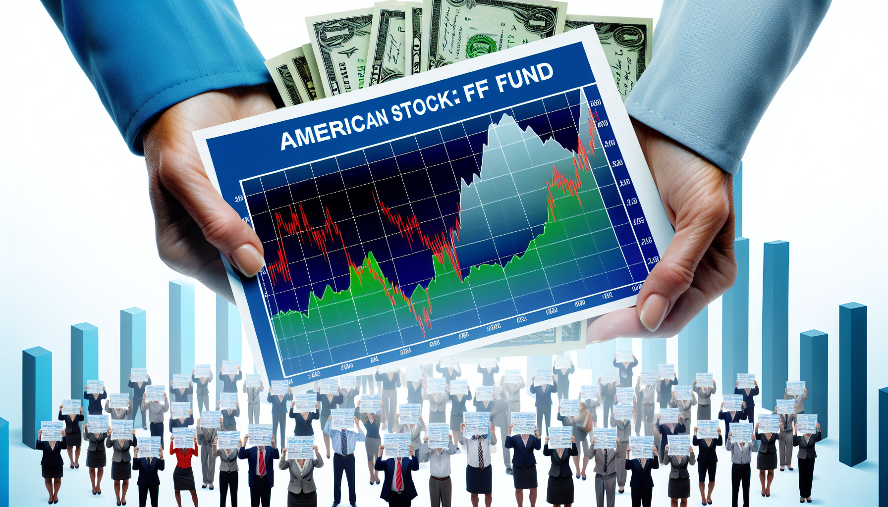 Eine visuelle Darstellung eines amerikanischen Aktienfonds, angedeutet durch ein Diagramm, das die Schwankungen der Aktienkurse zeigt. Im Vordergrund halten diverse Gruppen von Investorenhänden ihre Anteile, die als Papierzertifikate dargestellt sind. Es strahlt die Atmosphäre eines geschäftigen Aktienmarktes mit viel Aufregung und Vorfreude aus.