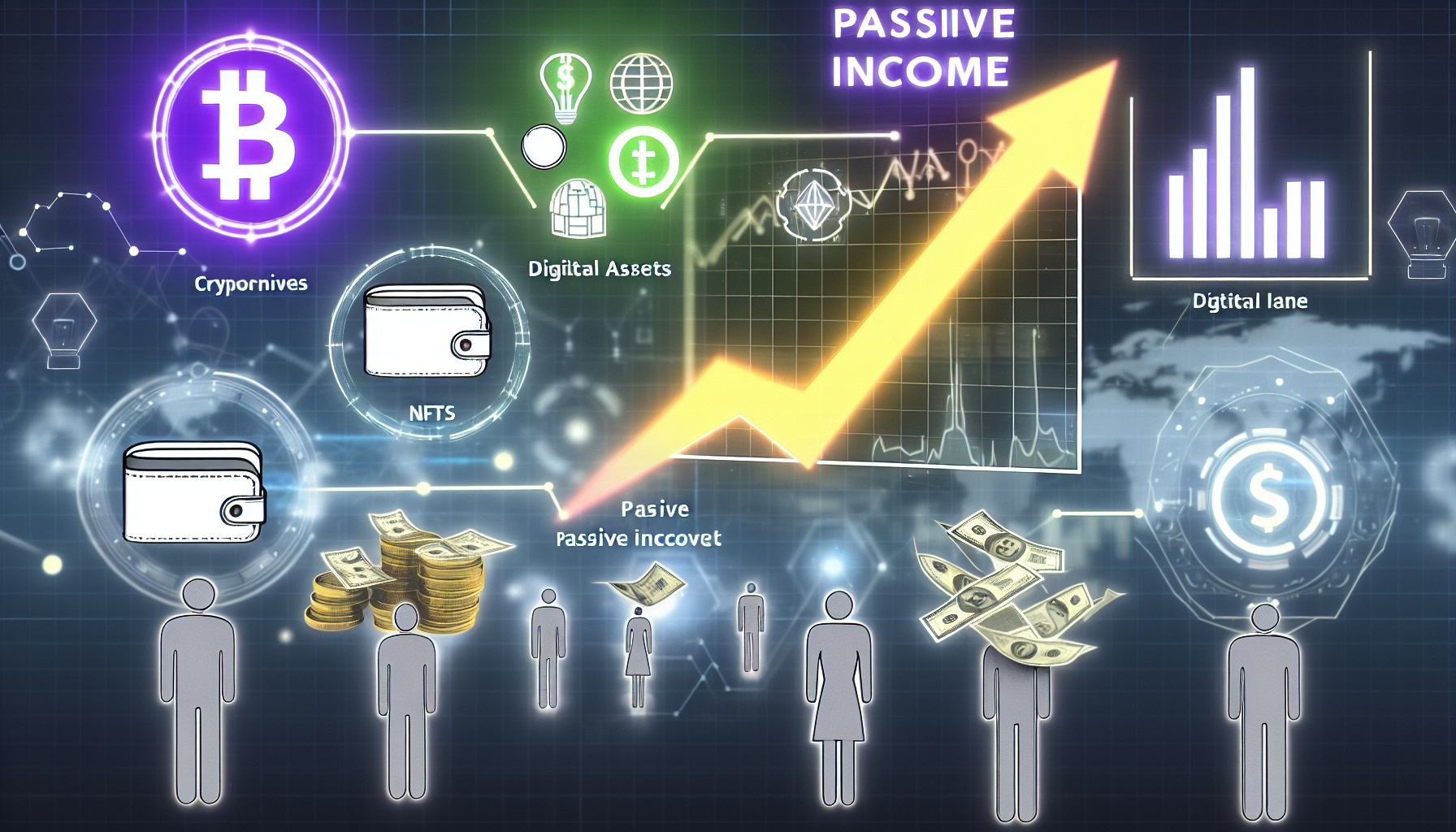 Eine Illustration, die verschiedene digitale Vermögenswerte zeigt, die passives Einkommen generieren. Stellen Sie sich ein Diagramm mit einem positiven Aufwärtstrend vor, um finanzielles Wachstum zu symbolisieren. Zeigen Sie verschiedene Symbole, die digitale Vermögenswerte wie Kryptowährungen, NFTs und digitale Immobilien repräsentieren. Fügen Sie eine Darstellung digitaler Geldbörsen hinzu, die diese Vermögenswerte sichern. Stellen Sie dar, wie Geld von diesen Vermögenswerten auf das Bankkonto einer Person fließt, was den Effekt des passiven Einkommens symbolisiert. Heben Sie die Vielfalt der digitalen Wirtschaft hervor, indem Sie aktive Teilnehmer unterschiedlicher Herkunft und Geschlechter darstellen.
