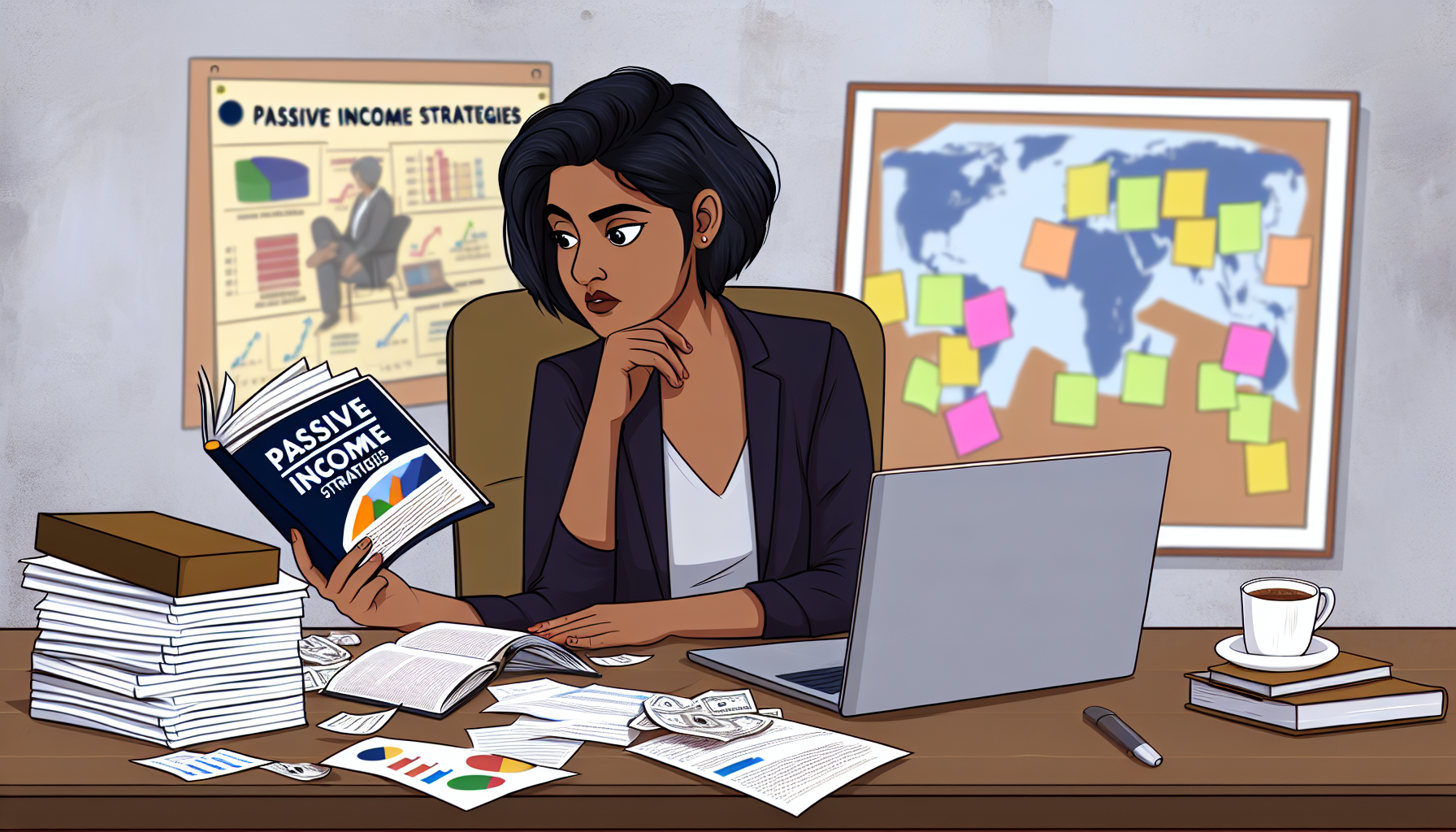 Eine Illustration einer jungen sÃ¼dasiatischen Frau, die an einem Schreibtisch sitzt, der mit Finanzunterlagen, Grafiken und einem Laptop Ã¼bersÃ¤t ist. Sie studiert aufmerksam ein Buch mit dem Titel 'Strategien fÃ¼r passives Einkommen'. Die Frau hat einen nachdenklichen Ausdruck, der andeutet, dass sie die Strategien versteht und plant, sie anzuwenden. Im Hintergrund ist eine Wand mit einer Weltkarte und Haftnotizen geschmÃ¼ckt, die ihre globalen Unternehmungen symbolisieren. Die Szene verkÃ¶rpert das Konzept, passives Einkommen durch strategische Planung zu erreichen.
