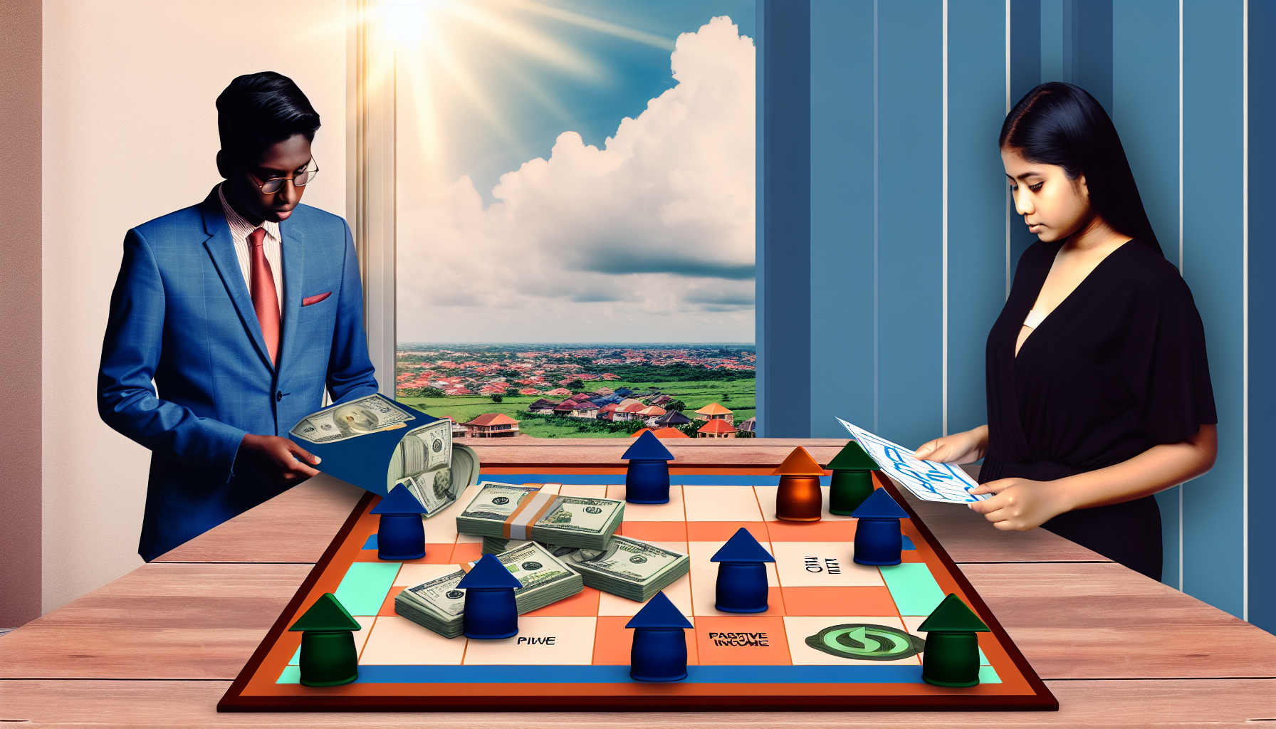 Ein konzeptionelles Bild, das passives Einkommen durch Strategie darstellt. Ein Brettspiel, das Geld, HÃ¤user, Spielfiguren und Diagramme umfasst und strategische Investitionen sowie Immobilien symbolisiert. Eine sÃ¼dasianische Frau und ein schwarzer Mann sind zu sehen, wie sie den nÃ¤chsten Zug im Spiel auf dem Brett planen, was auf eine strategische Denkweise hinweist. Der Hintergrund zeigt eine ruhige Szene an einem hellen, sonnigen Tag, der durch ein Fenster auf eine wohlhabende Stadtlandschaft blickt. Dies deutet auf ein Leben voller Komfort und Freizeit hin, das durch passives Einkommen ermÃ¶glicht wird.