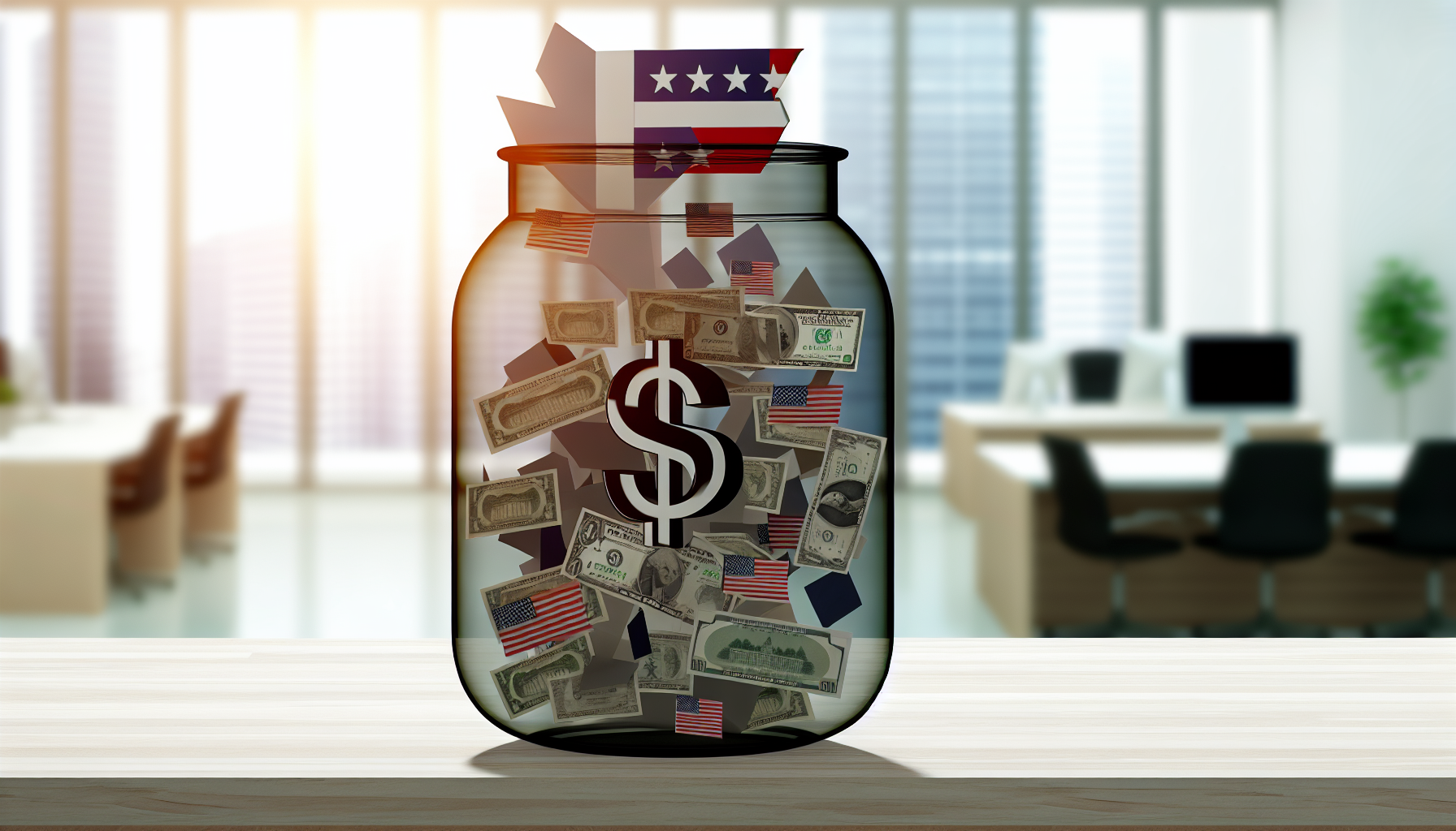 Stellen Sie sich eine metaphorische Darstellung eines US-Aktienfonds vor. Ein großes, dekoratives Glas, das den Fonds symbolisiert, ist gefüllt mit verschiedenen kleinen Papierbildern von US-Sehenswürdigkeiten, Logos von Unternehmen und Währungen (US-Dollar). Es steht auf einem Schreibtisch in einem gut beleuchteten modernen Büro.