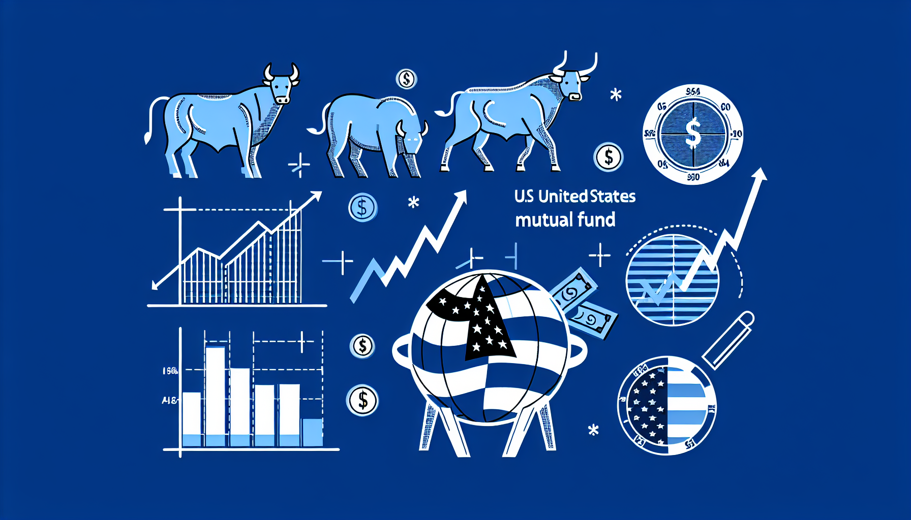 Eine Illustration, die einen US-amerikanischen Aktienfonds darstellt. Das Diagramm sollte verschiedene Elemente enthalten, die symbolisch für Investitionen in den Aktienmarkt stehen, wie einen Bullen, der einen steigenden Markt symbolisiert, einen Bären für einen fallenden Markt und Aktienmarkt-Charts, die unterschiedliche Trendlinien zeigen. Verwenden Sie verschiedene Blautöne im Design, um Ruhe und Stabilität anzuzeigen, und fügen Sie einige Geldscheine und Münzen hinzu, um Wohlstand zu symbolisieren. Bitte fügen Sie auch ein Symbol der amerikanischen Flagge hinzu, um die Vereinigten Staaten darzustellen, sowie den Text 'US Aktienfonds'. All diese Elemente sollten gut ausgewogen sein, um die dynamische und komplexe Natur von Aktienfonds zu zeigen.