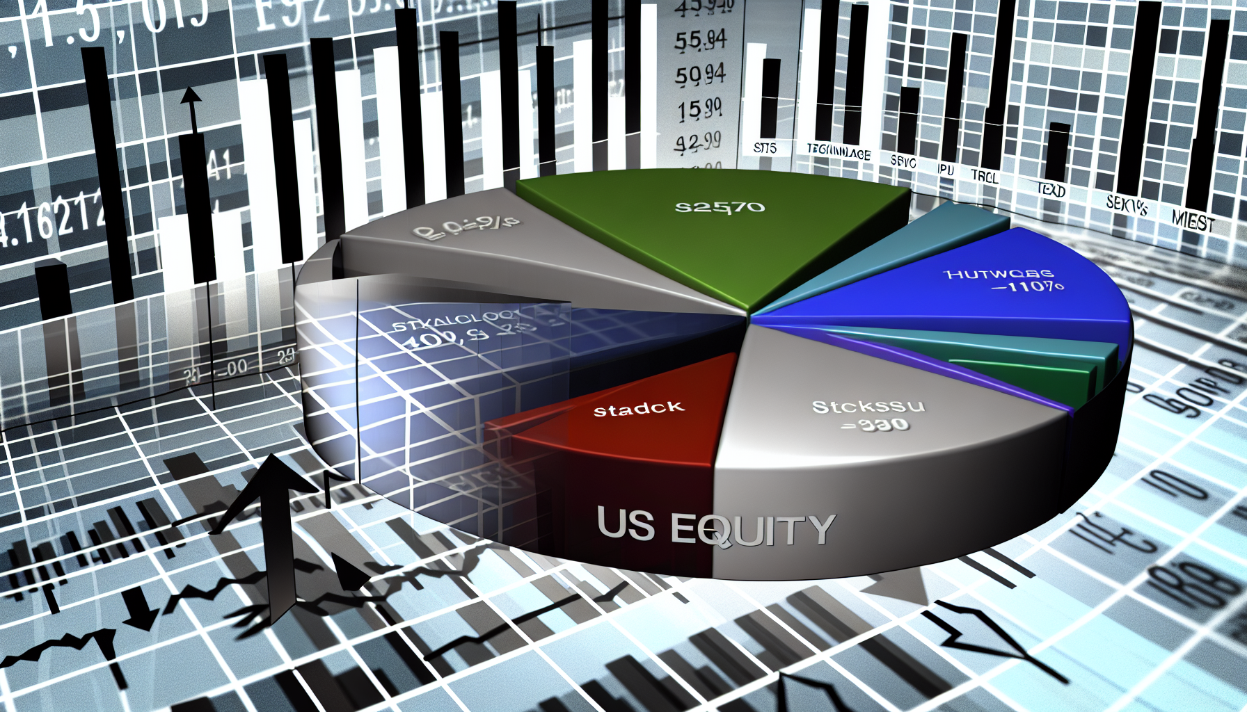 Eine detaillierte Darstellung eines US-Aktienfonds. Das Bild zeigt eine Reihe von Balkendiagrammen unterschiedlicher HÃ¶he, die die Performance verschiedener Aktien im Fonds symbolisieren. ZusÃ¤tzlich gibt es ein Kreisdiagramm, das die Sektorallokation des Fonds darstellt. Das Kreisdiagramm ist in verschiedene Segmente unterteilt, die jeweils Sektoren wie Technologie, Gesundheitswesen, Fertigung usw. reprÃ¤sentieren. Pfeile und numerische Indizes sind Ã¼ber das Bild verteilt und zeigen VerÃ¤nderungen in der Performance des Fonds an.
