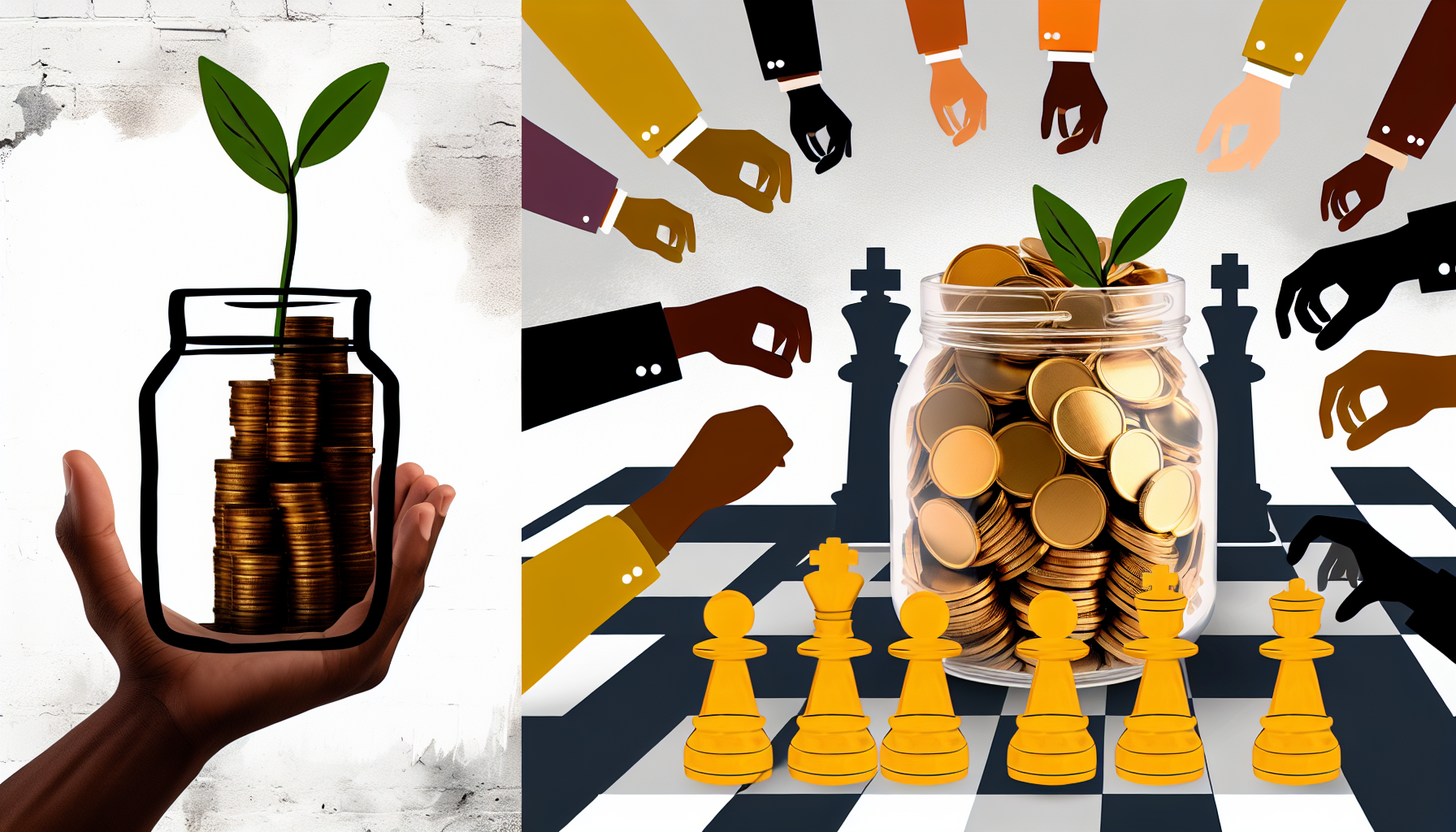Eine konzeptionelle Illustration, die passives Einkommen durch Strategie zeigt. Darstellen Sie ein transparentes GlasgefÃ¤ÃŸ, das voller GoldmÃ¼nzen ist, mit einer Pflanze, die daraus sprieÃŸt, wobei die Pflanze das Wachstum Ã¼ber die Zeit symbolisiert. Neben dem GlasgefÃ¤ÃŸ visualisieren Sie ein Schachbrett mit ordentlich angeordneten Figuren, das fÃ¼r Strategie steht. FÃ¼gen Sie auch eine vielfÃ¤ltige Mischung von Handillustrationen beider Geschlechter aus kaukasischen, hispanischen, schwarzen, nahÃ¶stlichen, sÃ¼dasiatischen und weiÃŸen HintergrÃ¼nden hinzu, die alle in Richtung des GlasgefÃ¤ÃŸes mit GoldmÃ¼nzen greifen, um die unterschiedlichen Individuen darzustellen, die nach passivem Einkommen streben.