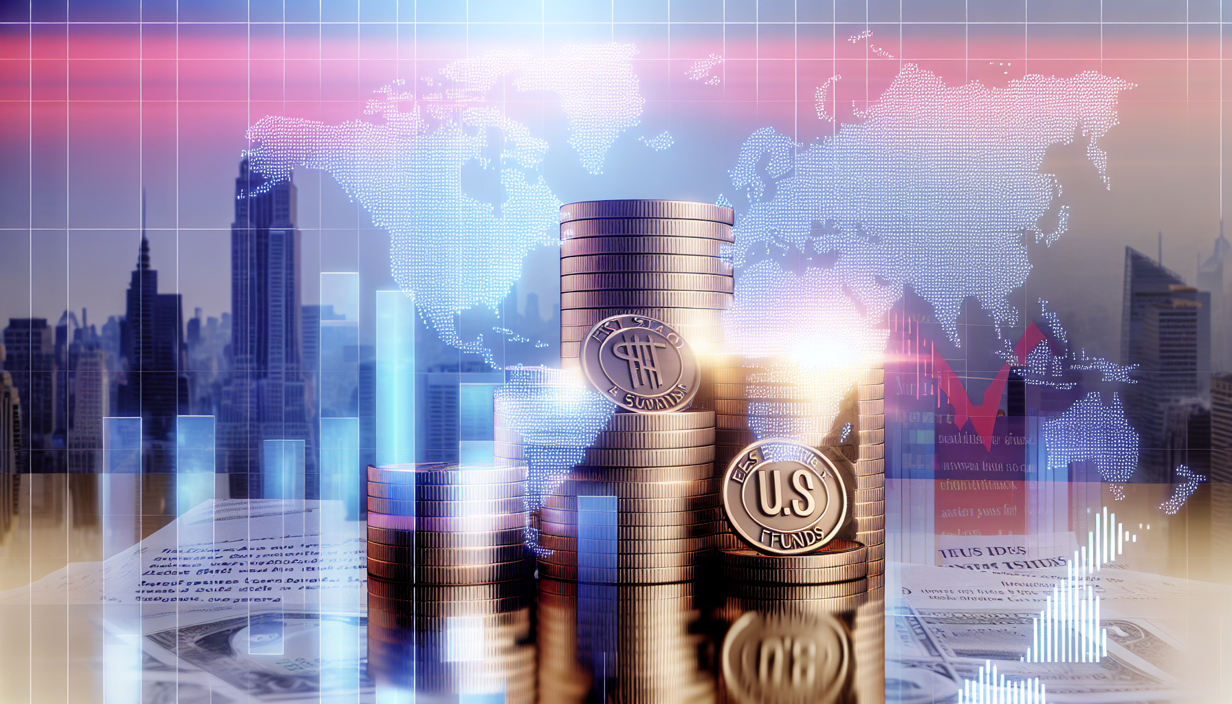 Eine Darstellung ausgezeichneter US-Aktienfonds, repräsentiert durch einen glänzenden, strahlenden Stapel Münzen, die mit den Symbolen wichtiger Finanzindizes graviert sind. Um den Stapel herum befindet sich ein dynamisches, holografisches Diagramm, das den Wachstumstrend und finanzielle Statistiken zeigt. Der Hintergrund ist ein glänzender Schreibtisch mit einer Montage von Zeitungsartikeln über Höchststände am Aktienmarkt, und im Hintergrund ist eine Skyline mit hoch aufragenden Wolkenkratzern zu sehen, die einen pulsierenden Finanzdistrikt anzeigt.