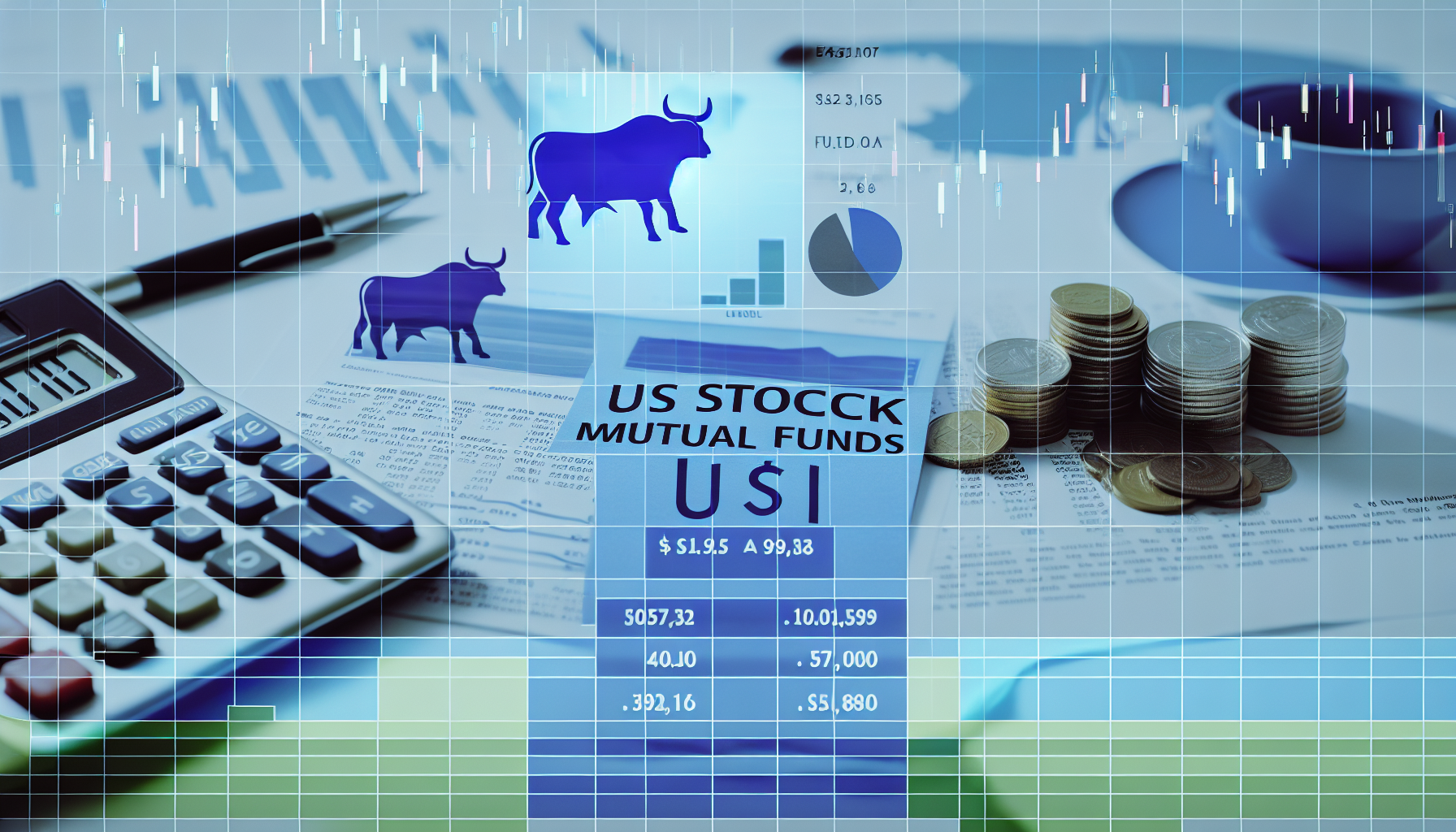 Eine detaillierte Darstellung von US-Aktienfonds. Das Bild sollte visuelle Metaphern für Investitionen enthalten, wie ein Wachstumsdiagramm, Münzstapel und einen Taschenrechner. Außerdem sollten typische Symbole, die mit dem Aktienmarkt verbunden sind, integriert werden - Figuren eines Bullen und eines Bären, ein Aktienmarkt-Ticker oder eine Aktienurkunde. Auf dem Tisch sollten Notizen und Diagramme liegen, und jemand sollte die Bewegungen am Markt studieren. Verwenden Sie kühle, professionelle Farben wie tiefes Blau und Grün, um ein Gefühl von Stabilität und Vertrauen zu erzeugen.