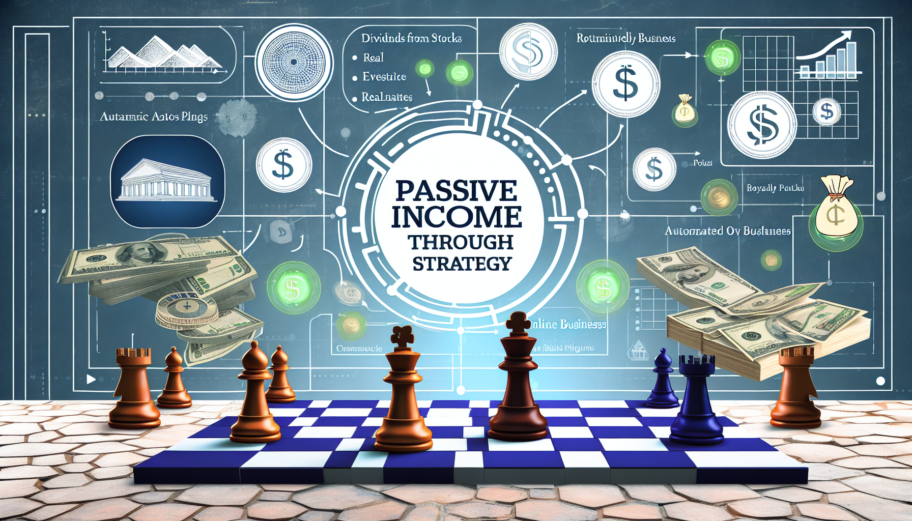 Eine Darstellung von passivem Einkommen durch Strategie. Das Bild sollte aus verschiedenen Elementen bestehen, die passives Einkommen symbolisieren, wie Dividenden aus Aktien, Immobilien, Tantiemen aus BÃ¼chern oder automatisierte Online-GeschÃ¤fte. Diese sollten mit strategischen Elementen wie Schachfiguren oder einem Fahrplan kombiniert werden. Die gesamte Szene sollte das Konzept vermitteln, dass clevere Strategien passives Einkommen generieren kÃ¶nnen.