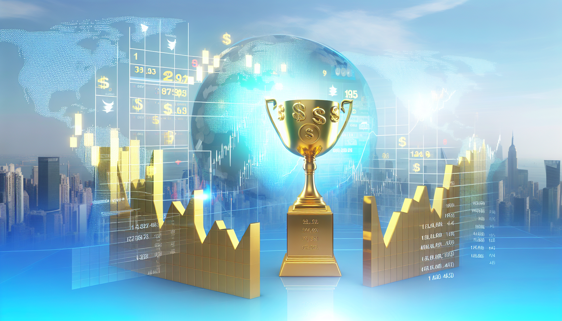 Bild von den leistungsstärksten US-Aktienfonds, umgeben von Diagrammen und Grafiken, die ihre positive Performance veranschaulichen. Die Fonds werden als physische Objekte dargestellt, vielleicht als goldene Statuen oder Trophäen, unter einem klaren Himmel mit Blick auf moderne Wolkenkratzer und Gebäude im Hintergrund. Auf der Oberfläche jedes Fonds sind Darstellungen mehrerer kleiner Grafiken zu sehen, die Trends zeigen, sowie eine Zahl, die den Wachstumsindex oder die Rendite darstellt. Bitte fügen Sie verschiedene Währungssymbole hinzu, um den wirtschaftlichen Kontext zu verdeutlichen.