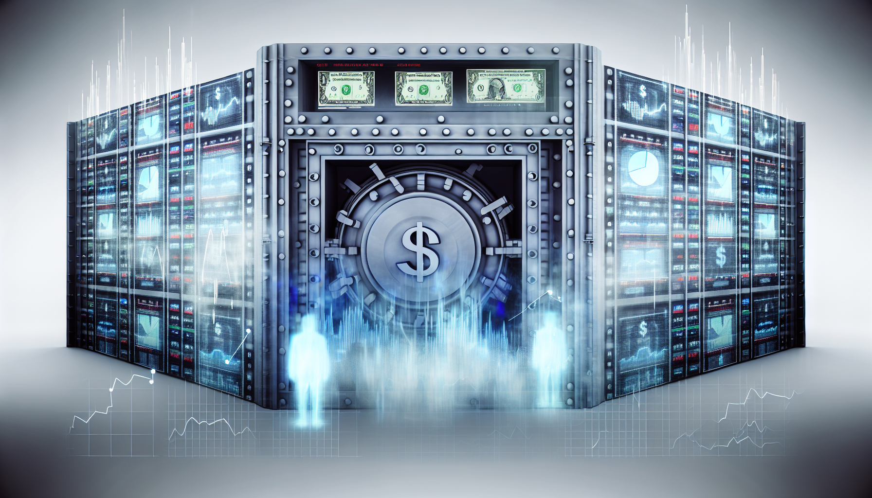 Eine Illustration eines US-Aktienfonds, dargestellt als großer Tresor, der mit symbolischen finanziellen Elementen wie Grafiken, US-Dollar-Symbolen und Börsentickern gefüllt ist. Die Außenseite des Tresors ist robust und stark mit undurchdringlichen Wänden. Innerhalb des Tresors zeigt eine Vielzahl von digitalen Bildschirmen Grafiken und Diagramme, die den Fortschritt und die Schwankungen der Aktien symbolisieren. Ätherische, geisterhafte Figuren schweben um den Tresor und symbolisieren die Transaktionen, die im Aktienfonds getätigt werden.