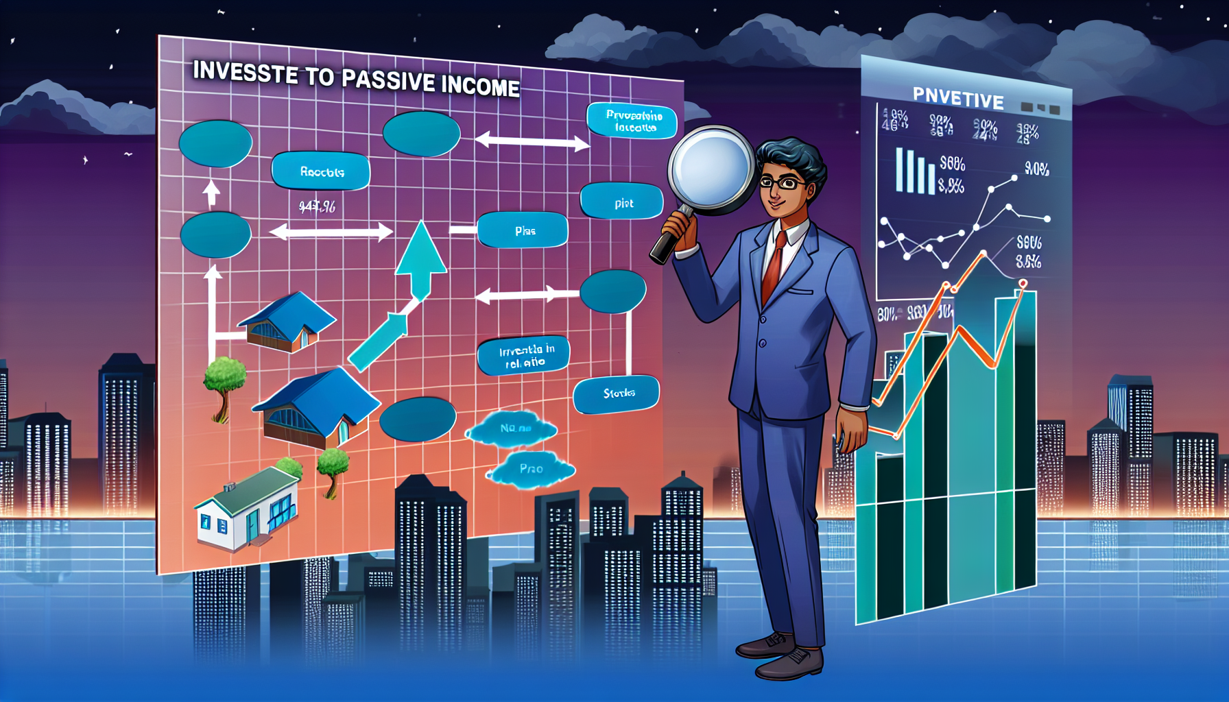 Eine Illustration einer Strategie, die zu passivem Einkommen fÃ¼hrt, zeigt ein Flussdiagramm verschiedener finanzieller Bewegungen wie Investitionen in VermÃ¶genswerte, Immobilien und Aktien. Neben dem Flussdiagramm analysiert eine Figur sÃ¼dasiatischer Abstammung in einem blauen Anzug die Strategie mit einer Lupe. Der Hintergrund zeigt eine Stadtlandschaft in der DÃ¤mmerung, die das Ende aktiver Arbeitstage symbolisiert. Ein Laufband am unteren Rand scrollt mit Indizes verschiedener BÃ¶rsen, um den Einfluss der globalen MÃ¤rkte zu zeigen.