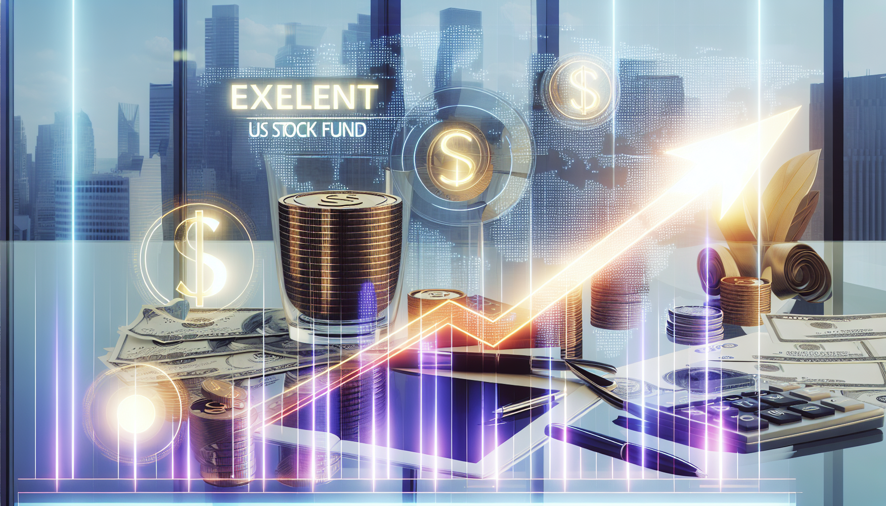 Ein Bild, das einen hervorragenden US-Aktienfonds zeigt, dargestellt als dynamischer, leuchtender Graph mit Wachstums-Pfeilen und Statistiken auf einem digitalen Bildschirm. Rundherum liegen mehrere Münzen und Scheine, die verschiedene Währungen repräsentieren, sowie ein ausgeklügelter Taschenrechner an der Seite. Der Hintergrund ist eine moderne Büroumgebung mit großen, getönten Fenstern, die einen geschäftigen Stadtblick bieten.
