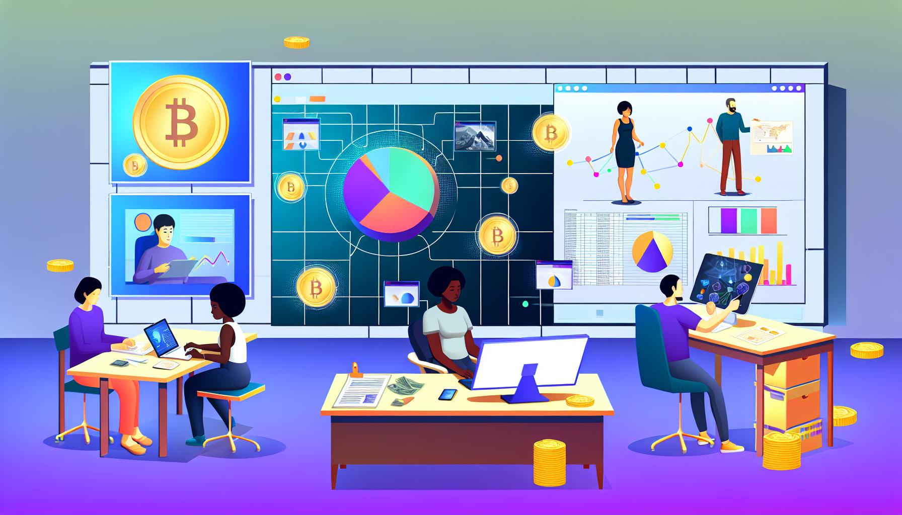 Eine Illustration, die das Konzept des passiven Einkommens aus digitalen Vermögenswerten zeigt. Die Szene zeigt eine vielfältige Gruppe von Personen, die mit verschiedenen Arten von digitalen Vermögenswerten interagieren. Eine Person, eine schwarze Frau, sitzt an einem Computer und verwaltet Kryptowährungen. Ein anderer, ein asiatischer Mann, betrachtet ein digitales Kunstwerk, das er auf einem großen Bildschirm besitzt. Ein Klemmbrett auf einem Tisch in der Nähe enthält ein Kreisdiagramm, das die Einkommensverteilung zwischen verschiedenen digitalen Vermögenswerten darstellt. Es herrscht ein deutliches Gefühl von Innovation, Technologie und finanzieller Freiheit in der gesamten Bildszenerie.