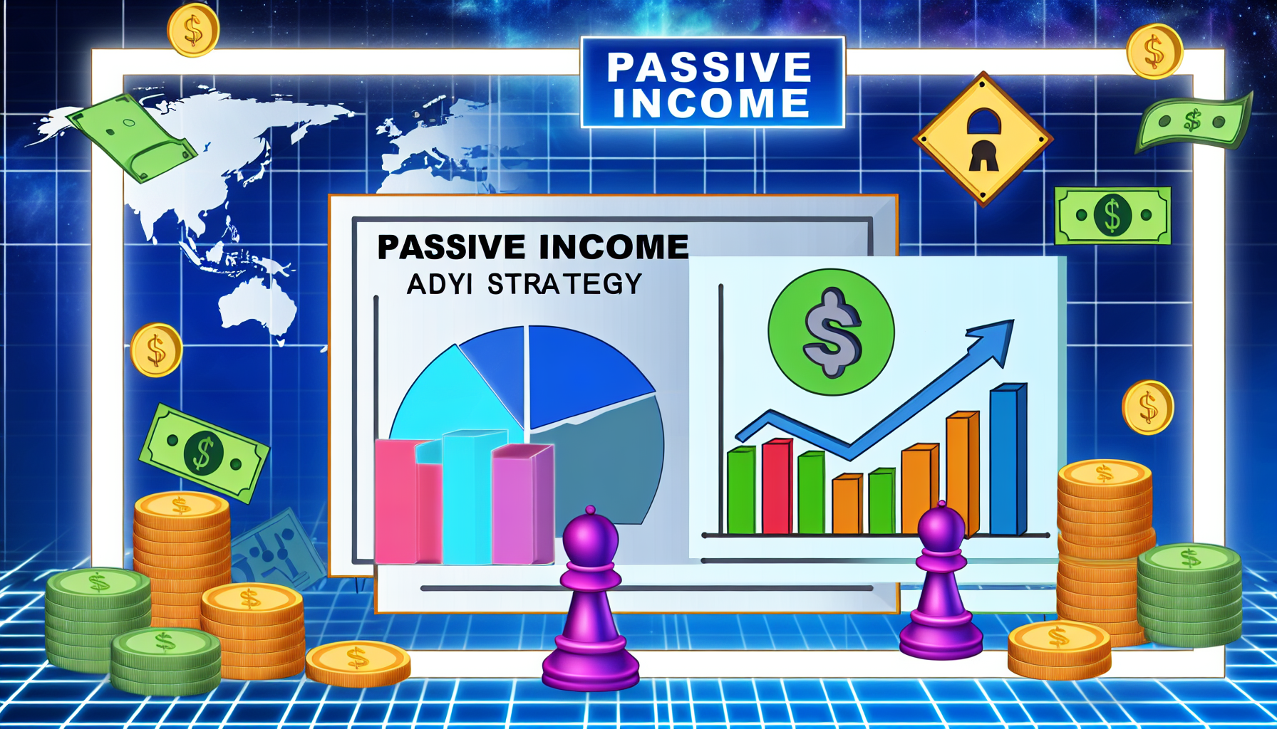 Zeigen Sie eine Illustration, die das Konzept des passiven Einkommens durch Strategie veranschaulicht. Integrieren Sie verschiedene Elemente wie ein ansteigendes VermÃ¶gensdiagramm, ein SchachstÃ¼ck, das fÃ¼r Strategie steht, und ein sicheres Schloss, das finanzielle Sicherheit symbolisiert. FÃ¼gen Sie einen Globus und verschiedene WÃ¤hrungssymbole hinzu, um eine weltweite Perspektive zu suggerieren. Gestalten Sie die Illustration lebhaft und motivierend mit hellen Farben.